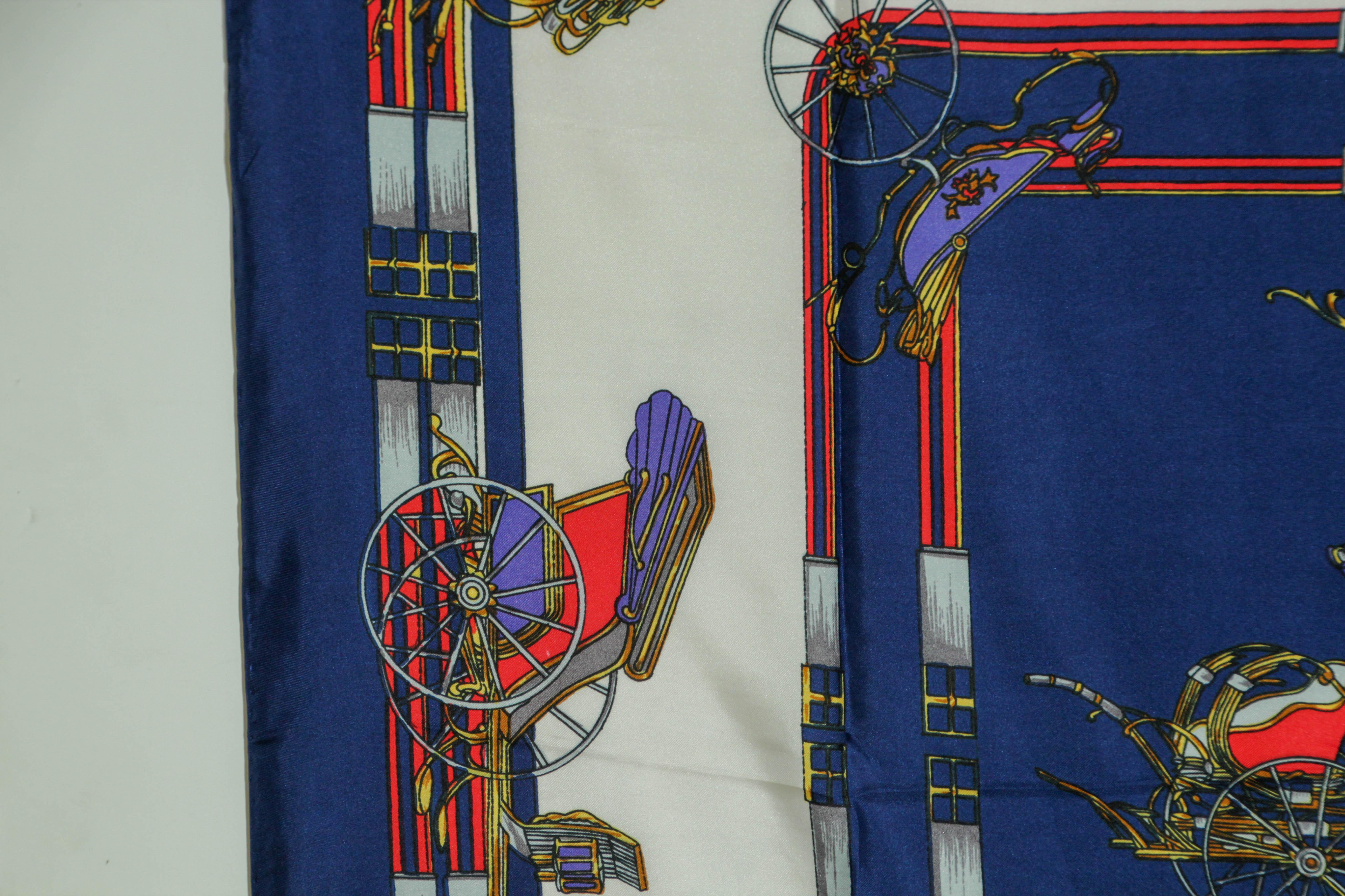 Vintage Royal Blue Silk Scarf with British Royal Horse Carriages Motif For Sale 9