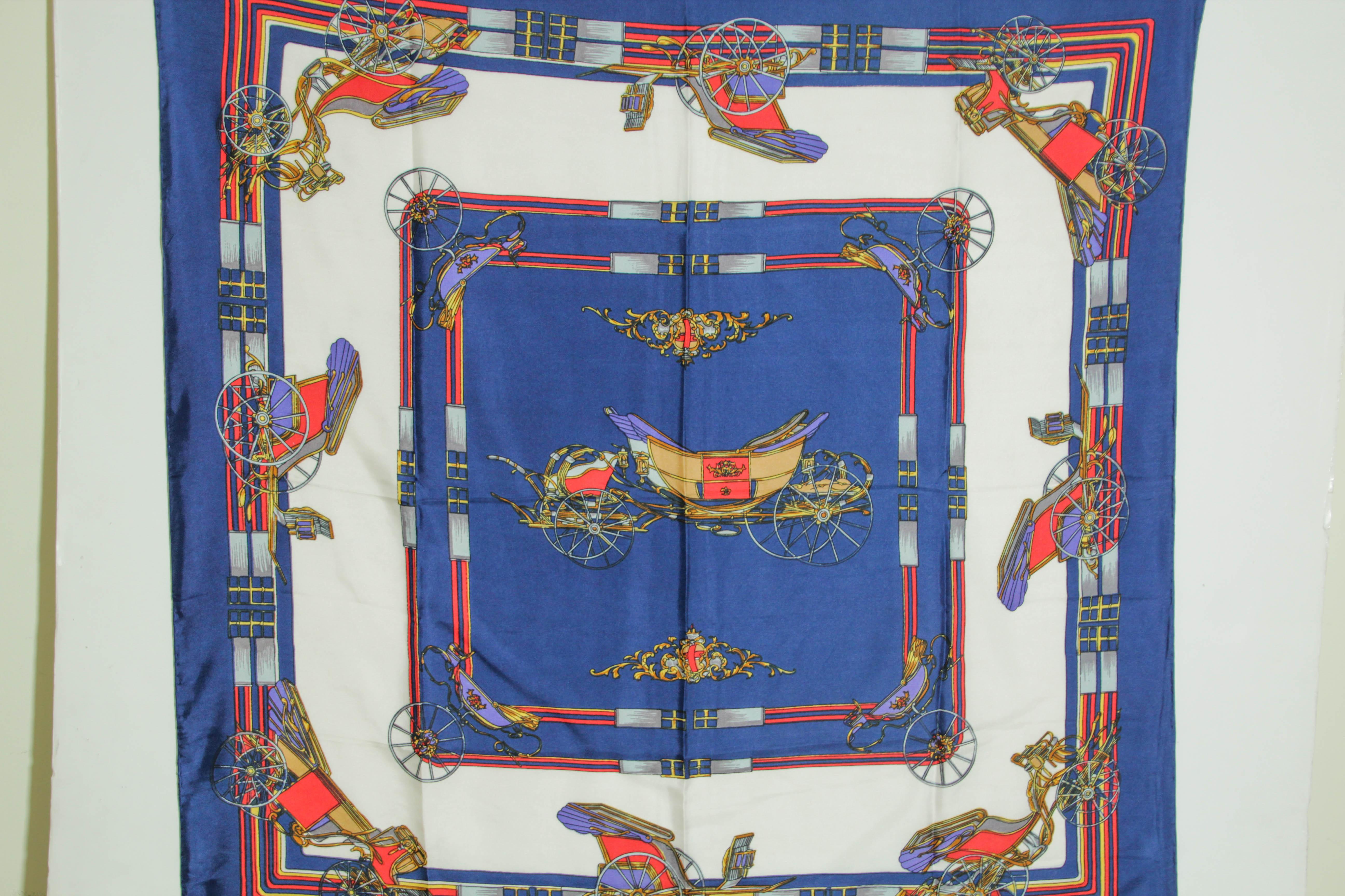 Vintage Royal Blue Silk Scarf with British Royal Horse Carriages Motif For Sale 10