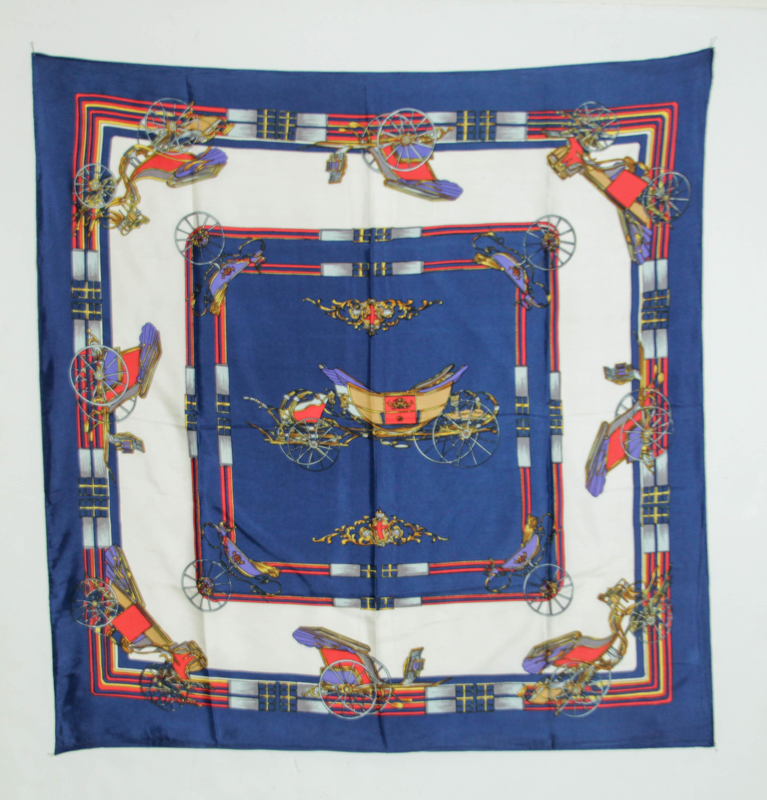 Vintage Royal Blue Silk Scarf with British Royal Horse Carriages Motif For Sale 11