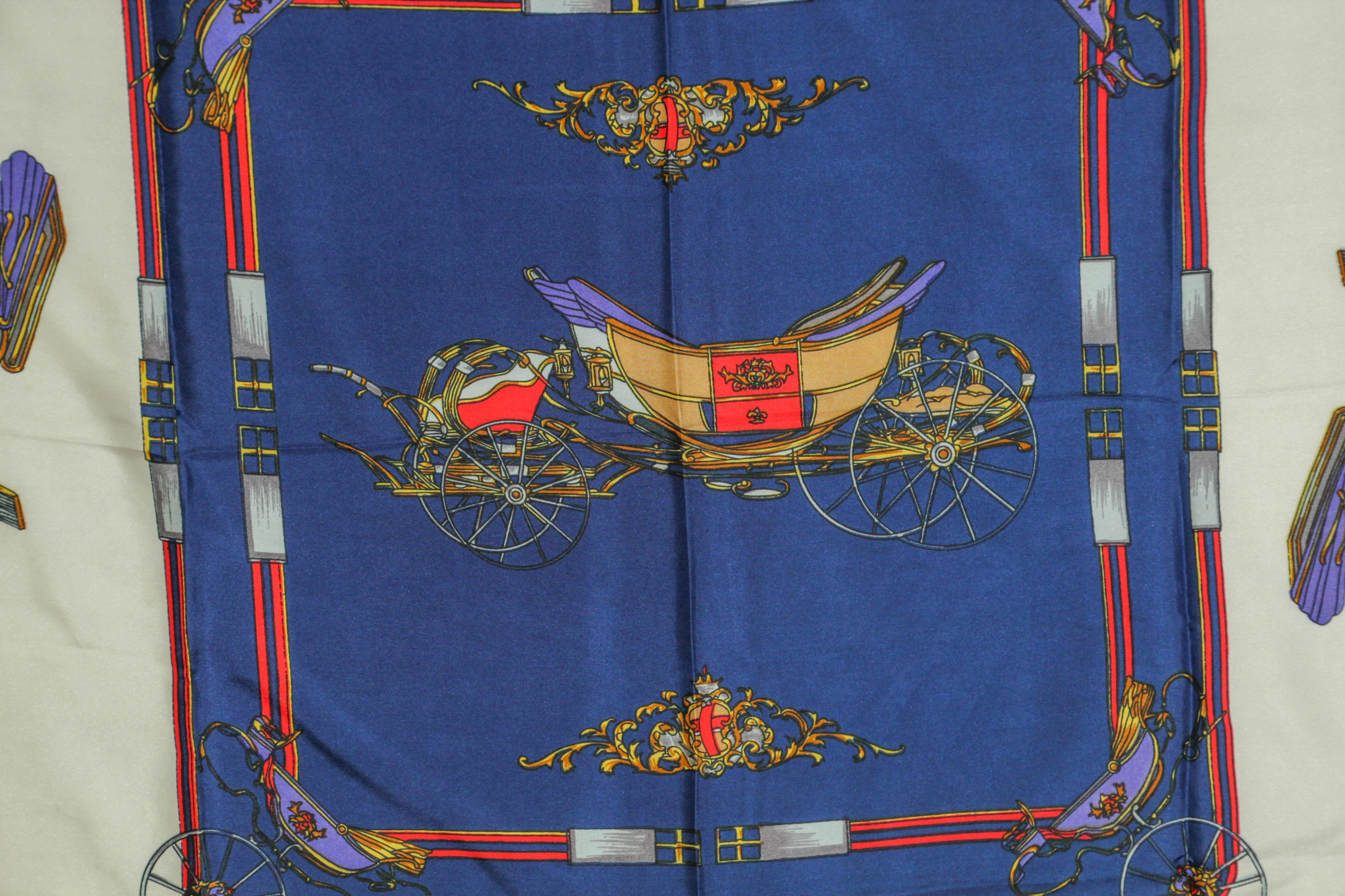 Vintage Royal Blue Silk Scarf with British Royal Horse Carriages Motif For Sale 12