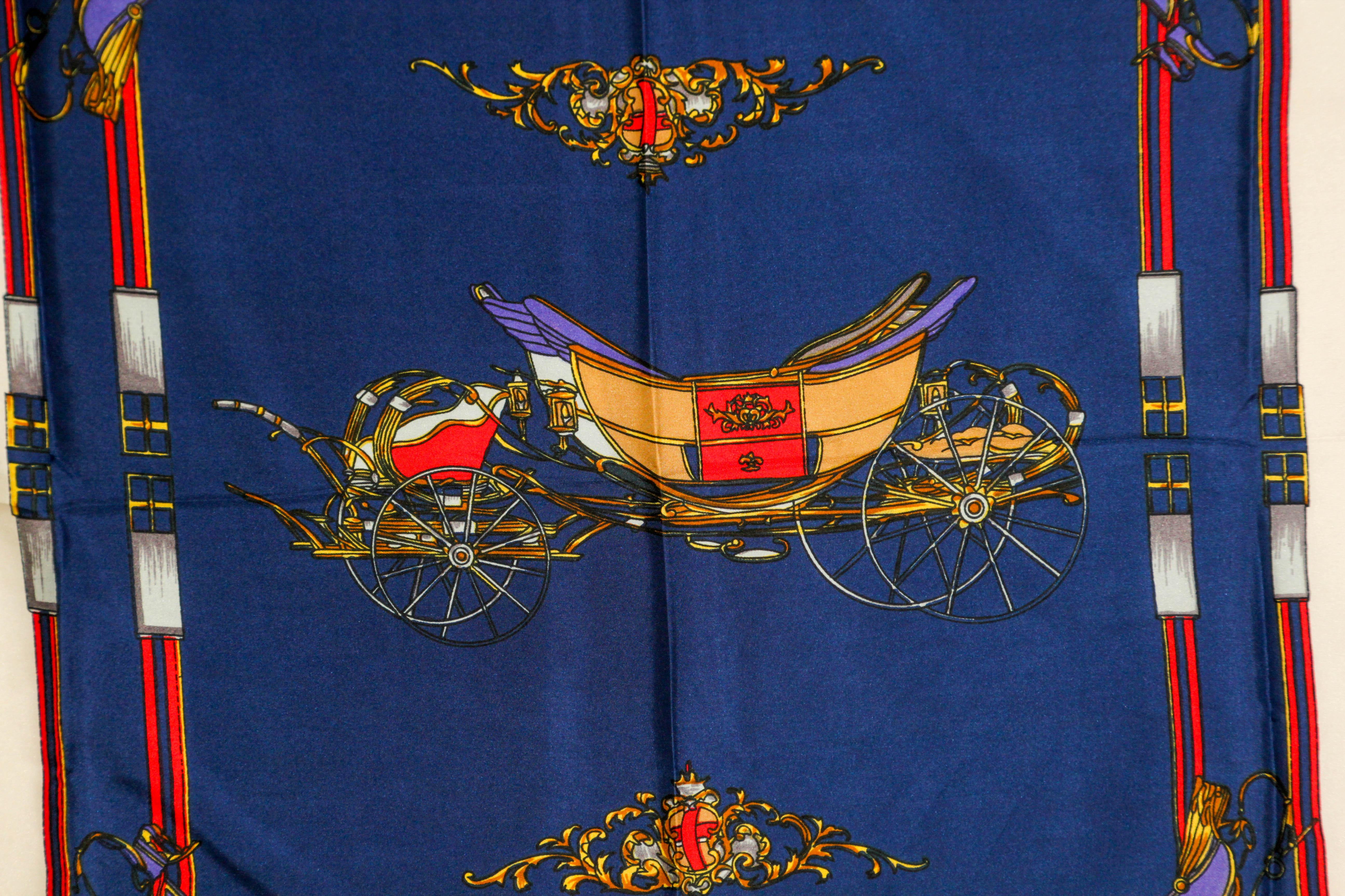 Vintage Royal Blue Silk Scarf with British Royal Horse Carriages Motif For Sale 13
