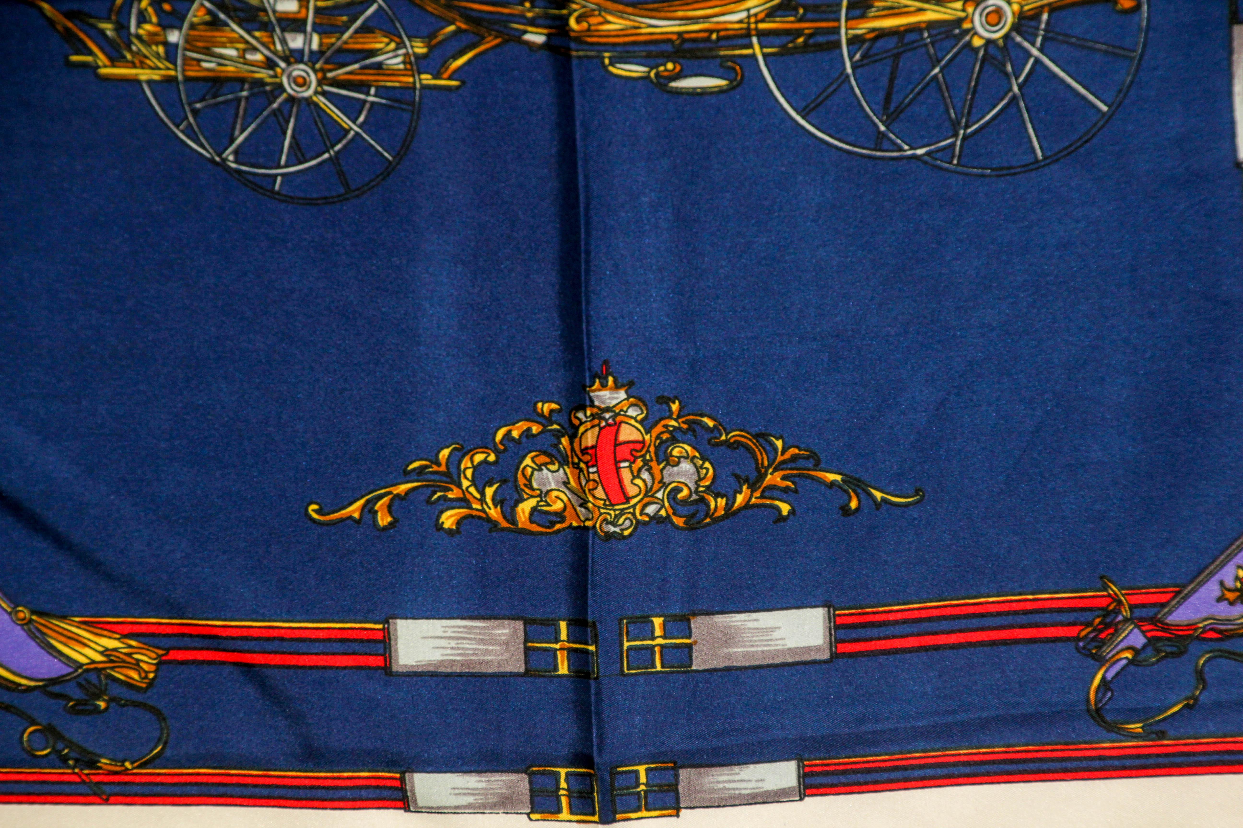 Vintage Royal Blue Silk Scarf with British Royal Horse Carriages Motif For Sale 14