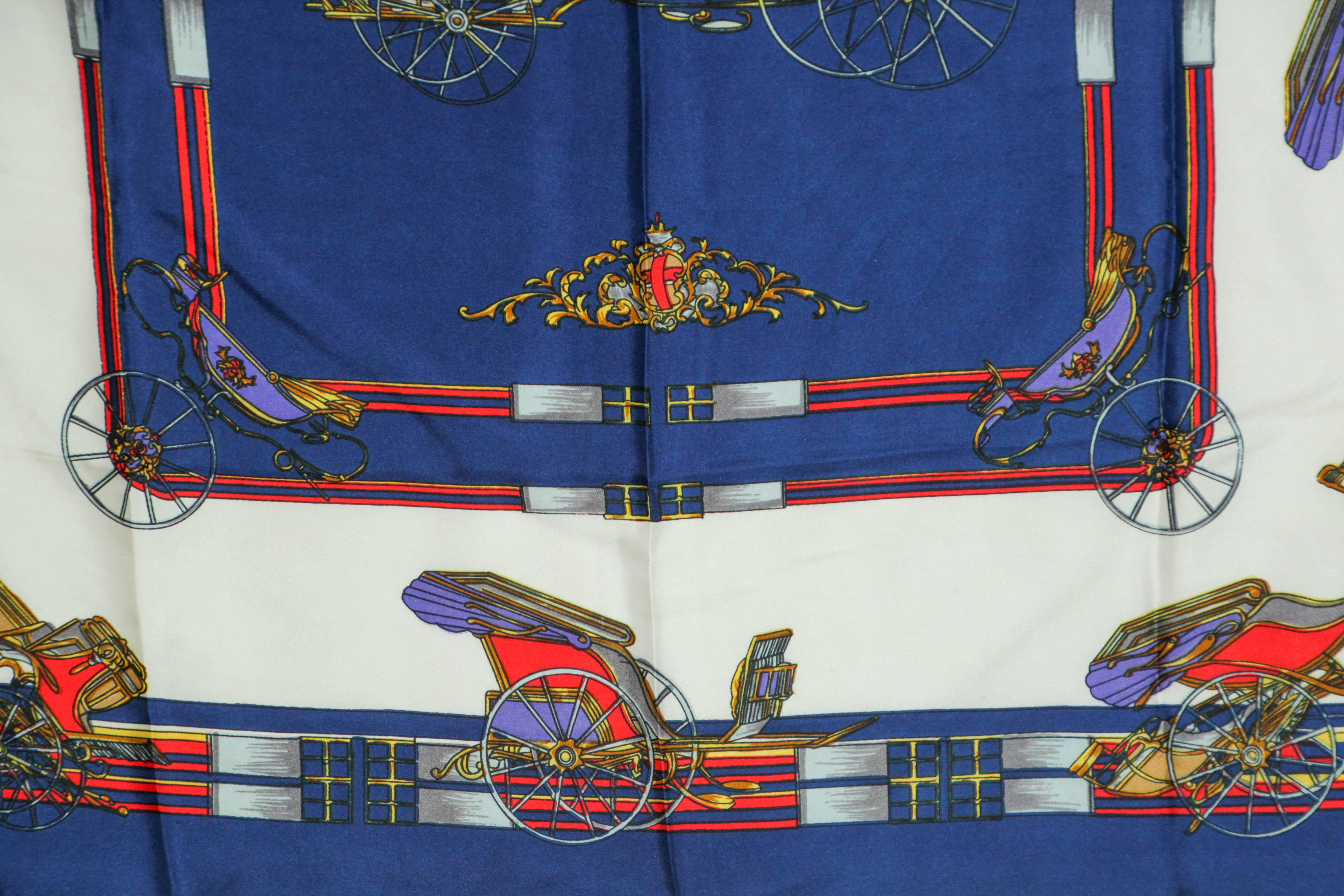 Vintage Royal Blue Silk Scarf with British Royal Horse Carriages Motif For Sale 15