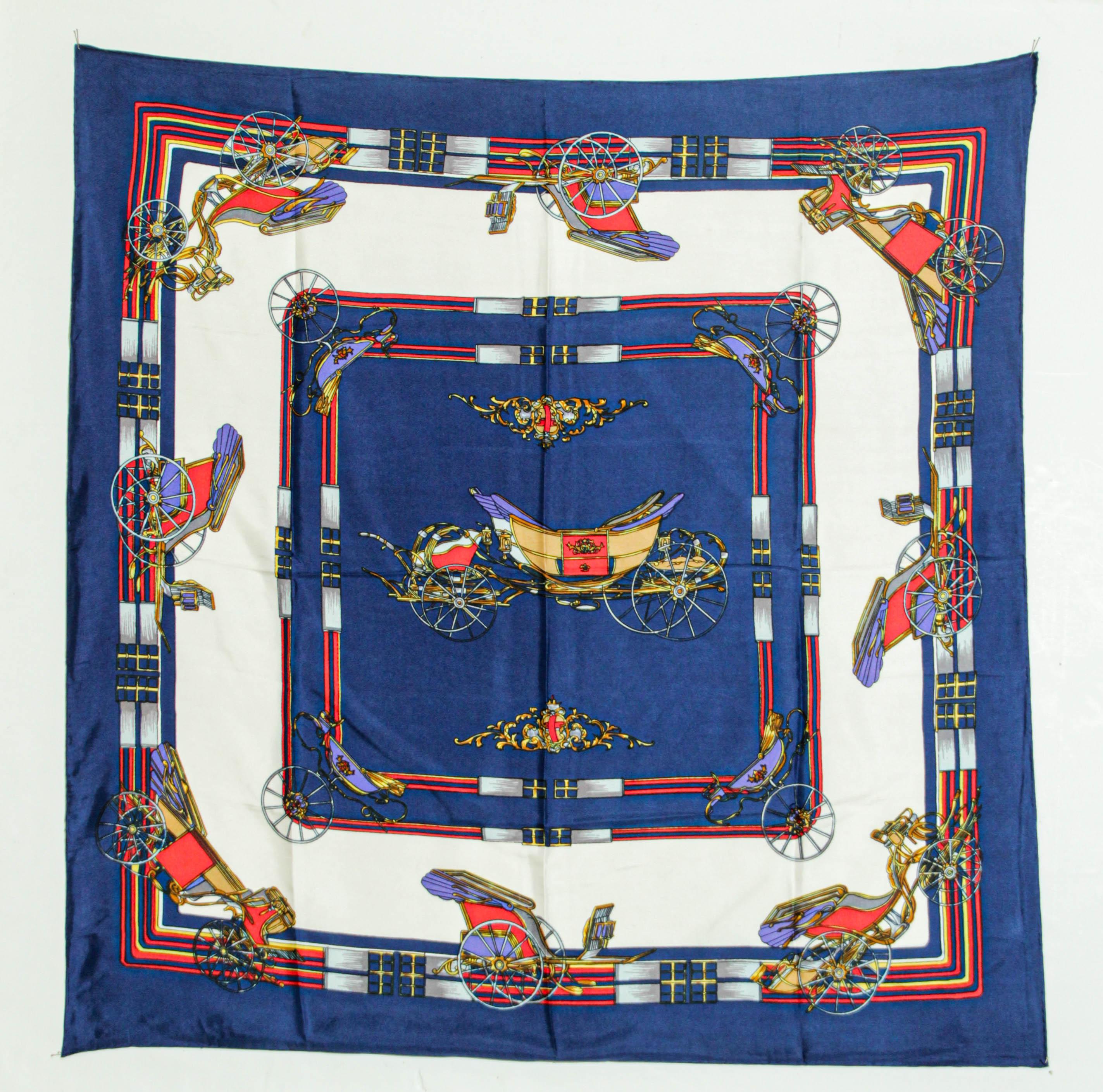 Vintage royal blue silk scarf with British royal horse carriages motif.
Vintage Designer British Women's Accessories with horse-drawn carriage coach equipages equestrian motifs.
Vintage silk scarf neck scarf or shawl horse-drawn carriage coach