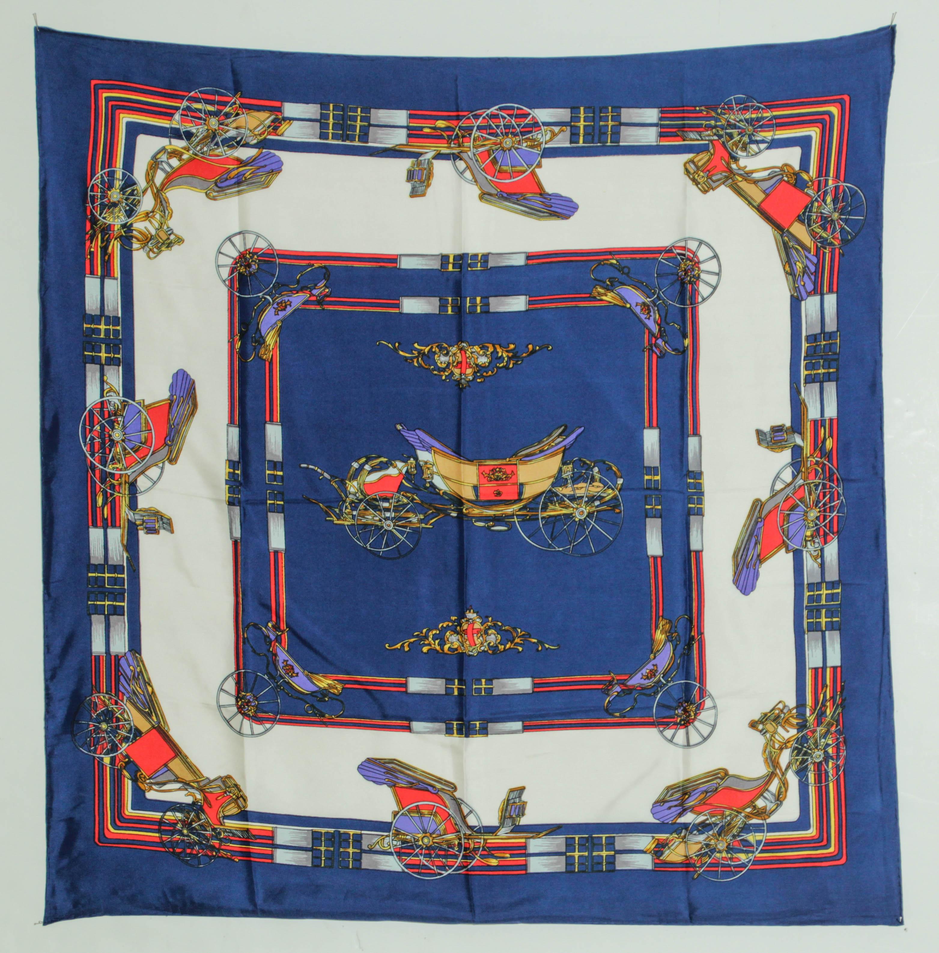 Vintage Royal Blue Silk Scarf with British Royal Horse Carriages Motif For Sale 16