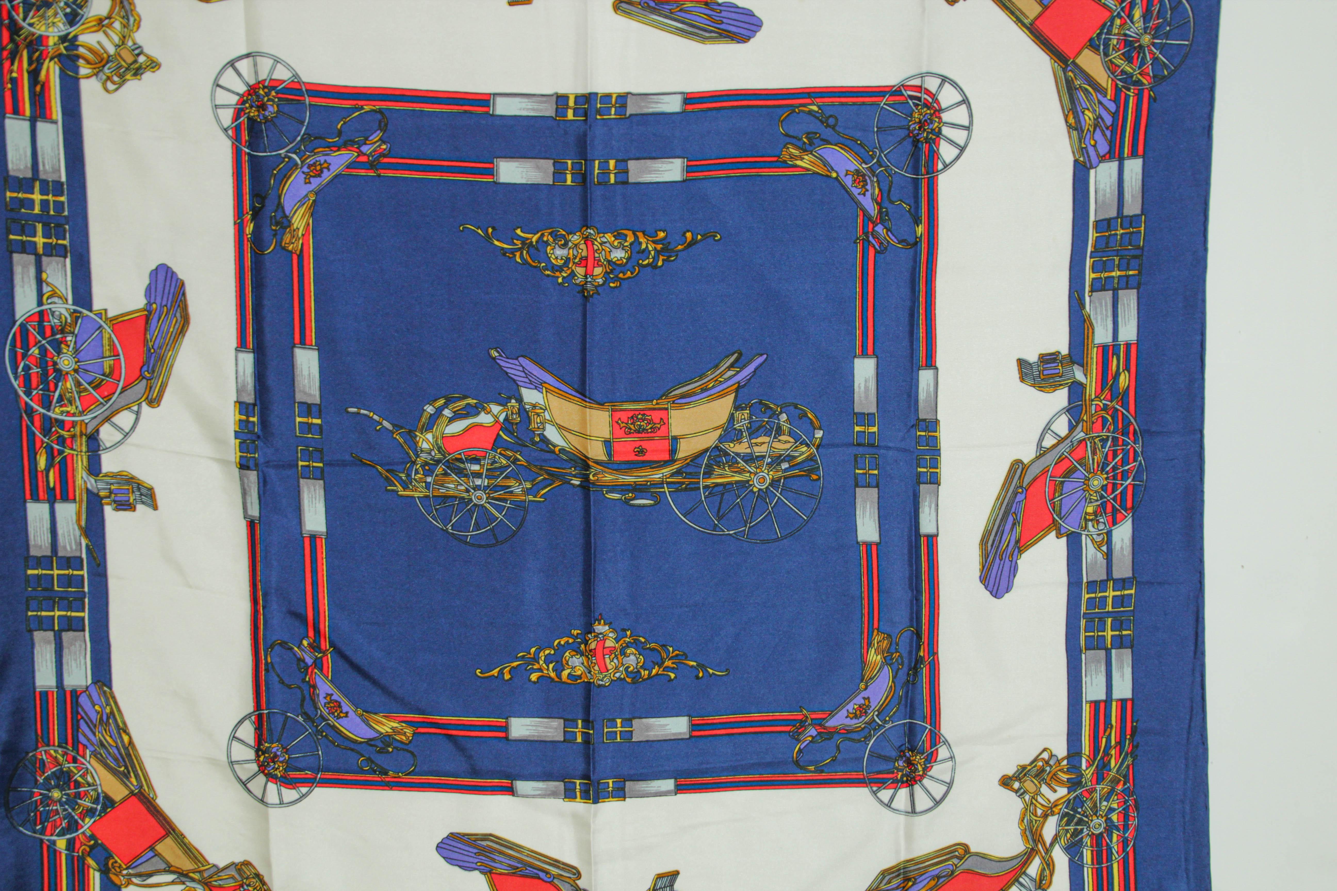 Vintage Royal Blue Silk Scarf with British Royal Horse Carriages Motif In Good Condition For Sale In North Hollywood, CA