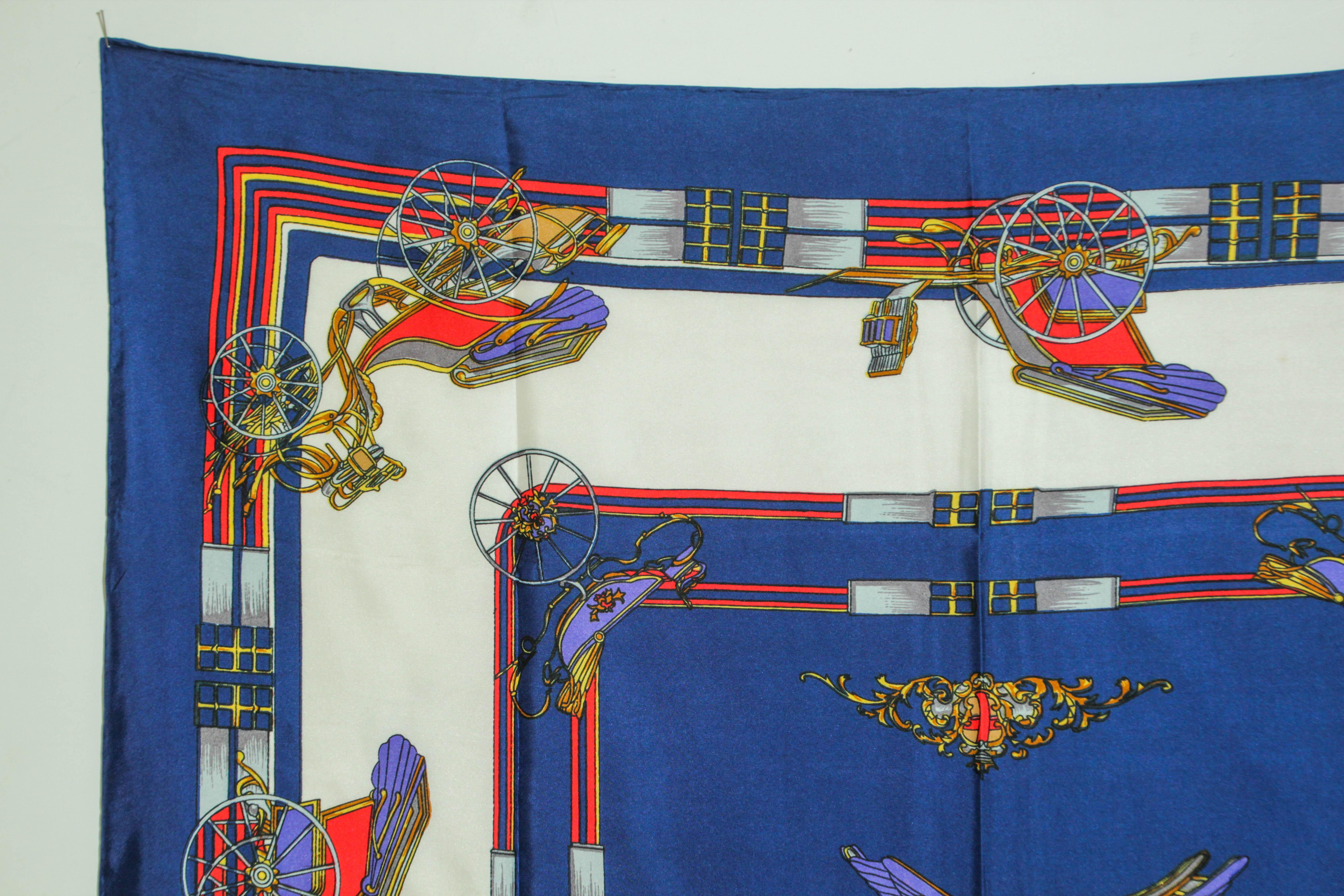 Women's or Men's Vintage Royal Blue Silk Scarf with British Royal Horse Carriages Motif For Sale