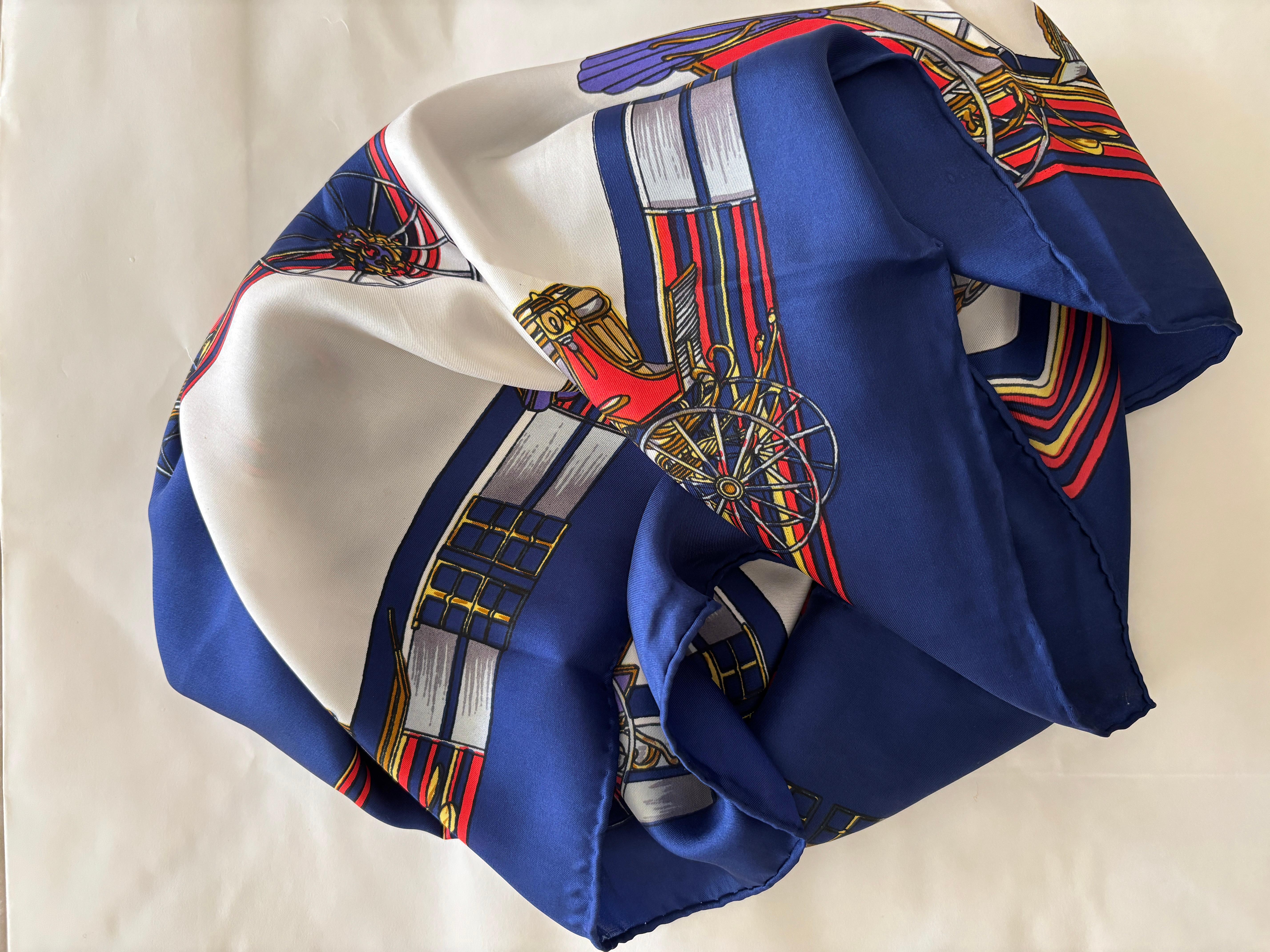 Vintage Royal Blue Silk Scarf with British Royal Horse Carriages Motif For Sale 1
