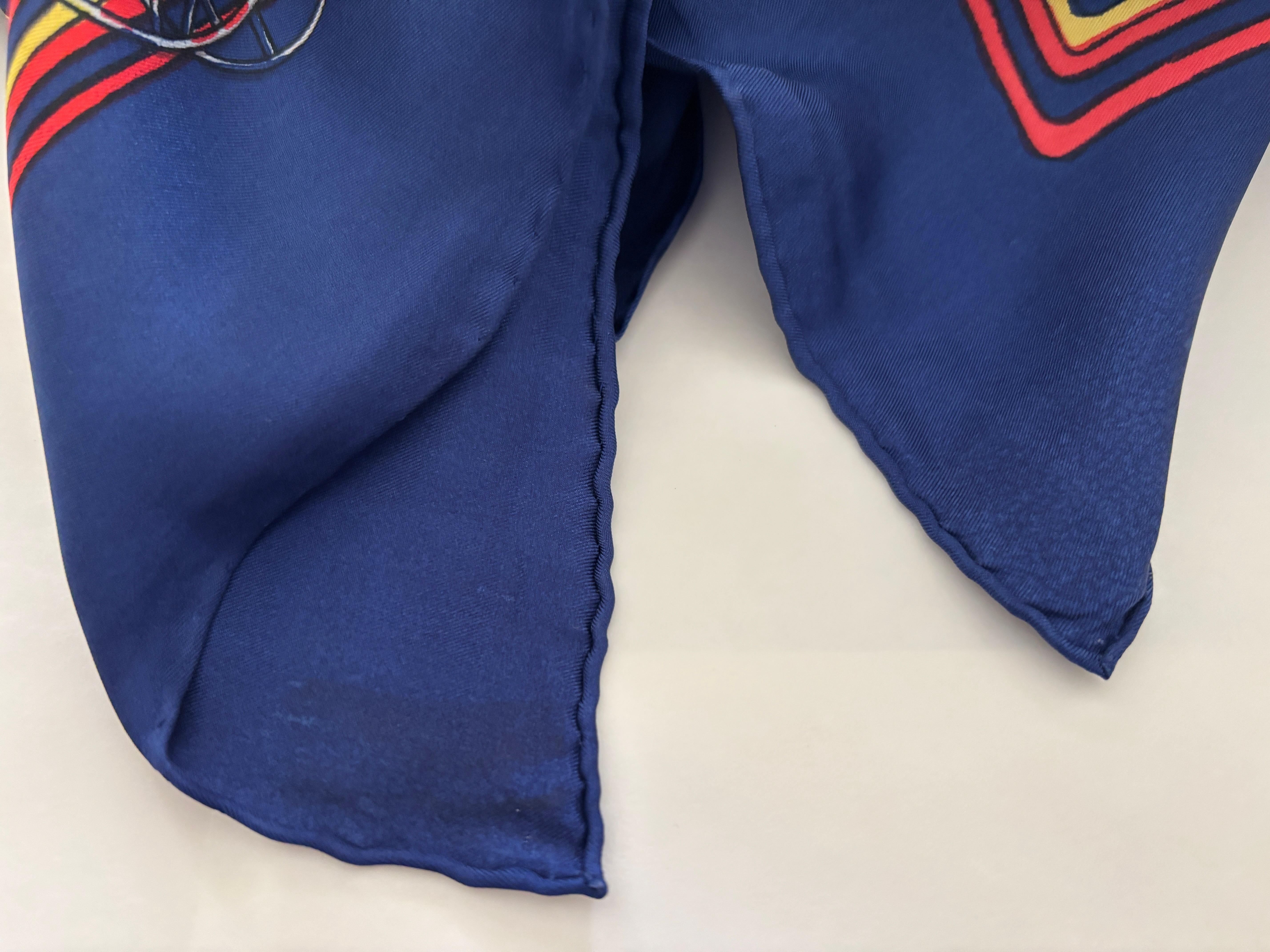 Vintage Royal Blue Silk Scarf with British Royal Horse Carriages Motif For Sale 2
