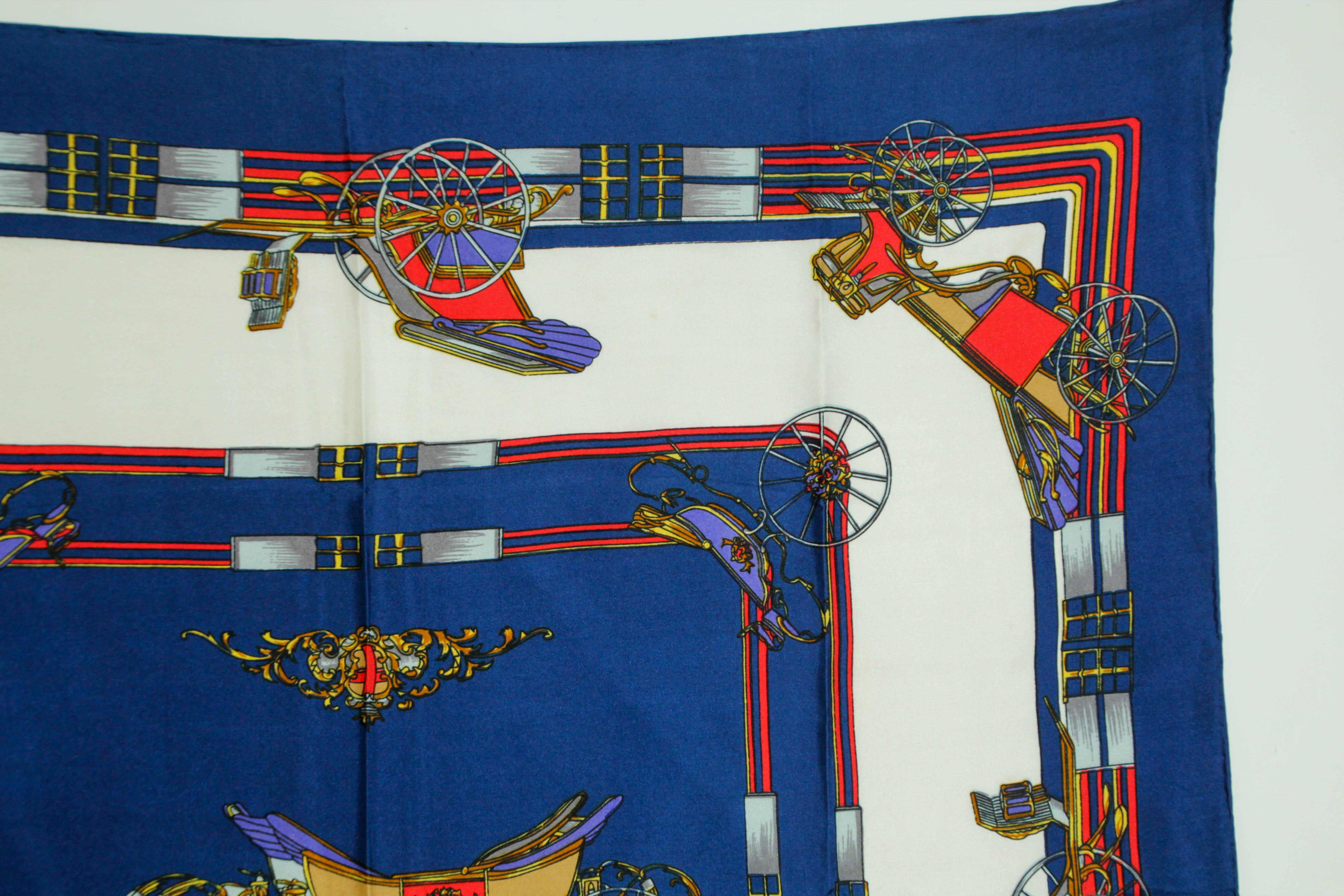Vintage Royal Blue Silk Scarf with British Royal Horse Carriages Motif For Sale 3