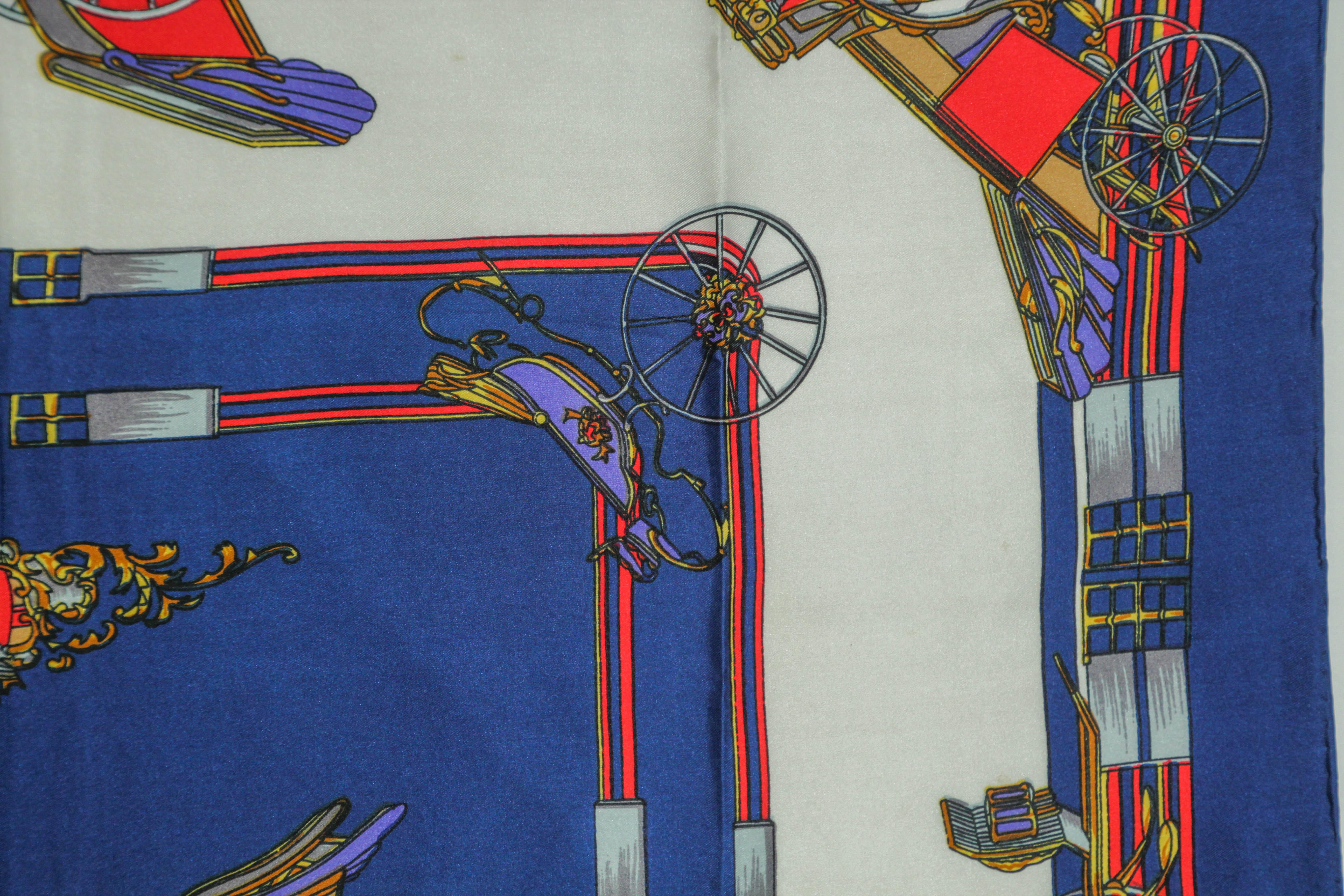 Vintage Royal Blue Silk Scarf with British Royal Horse Carriages Motif For Sale 4
