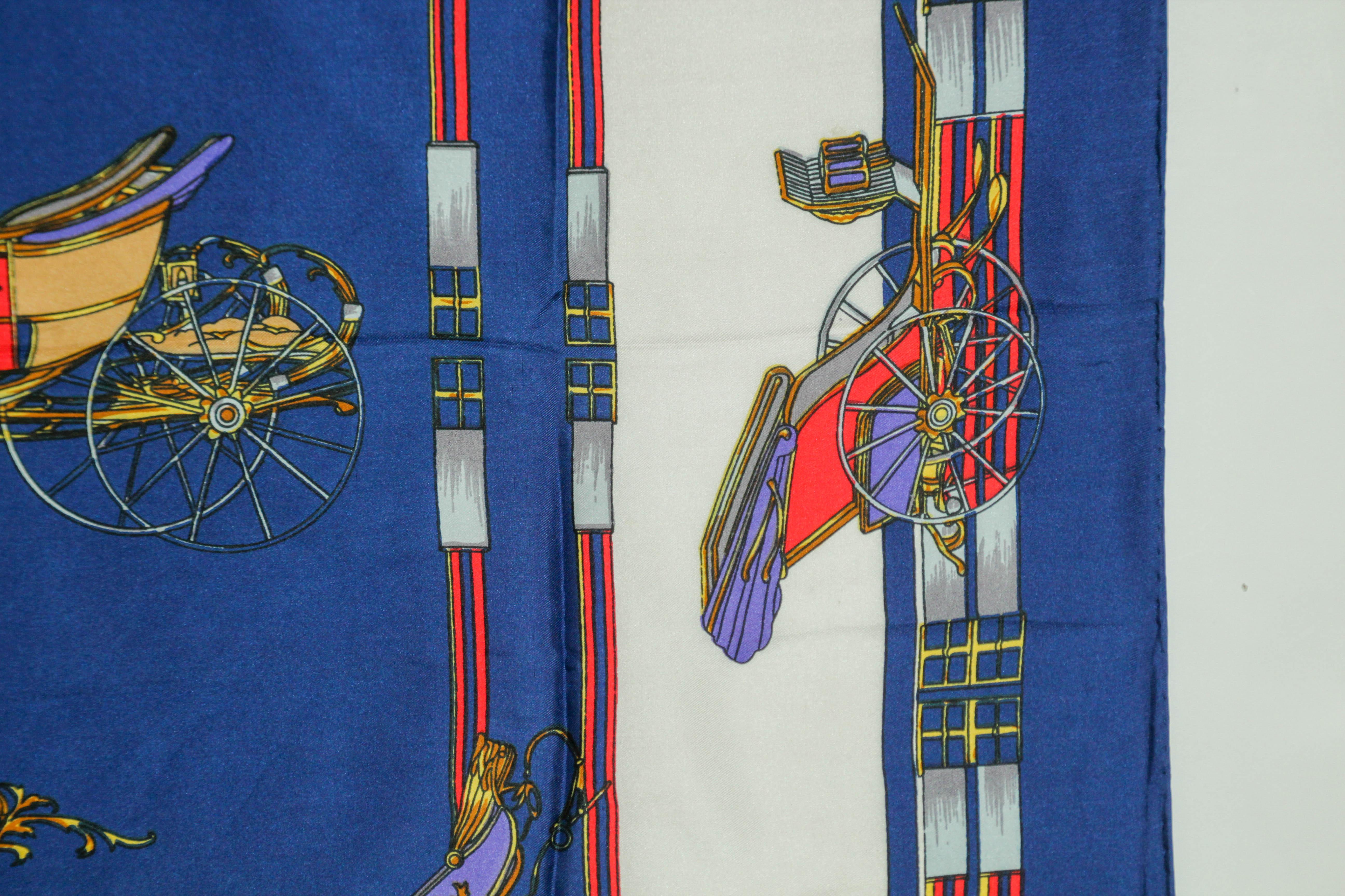 Vintage Royal Blue Silk Scarf with British Royal Horse Carriages Motif For Sale 5