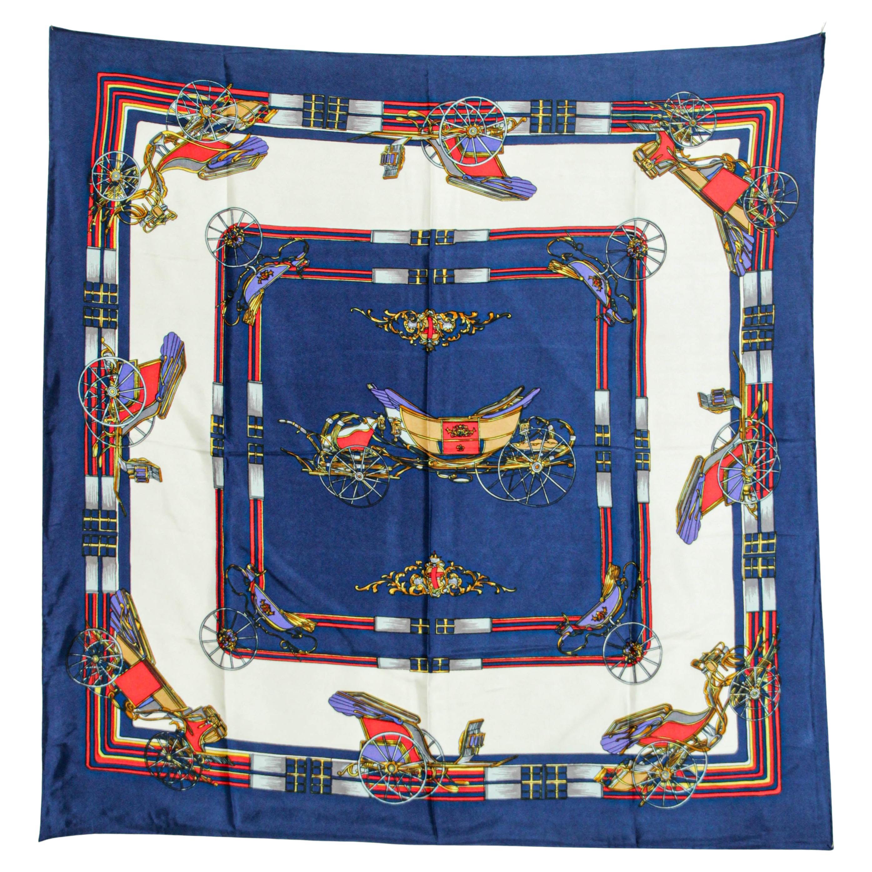 Vintage Royal Blue Silk Scarf with British Royal Horse Carriages Motif For Sale