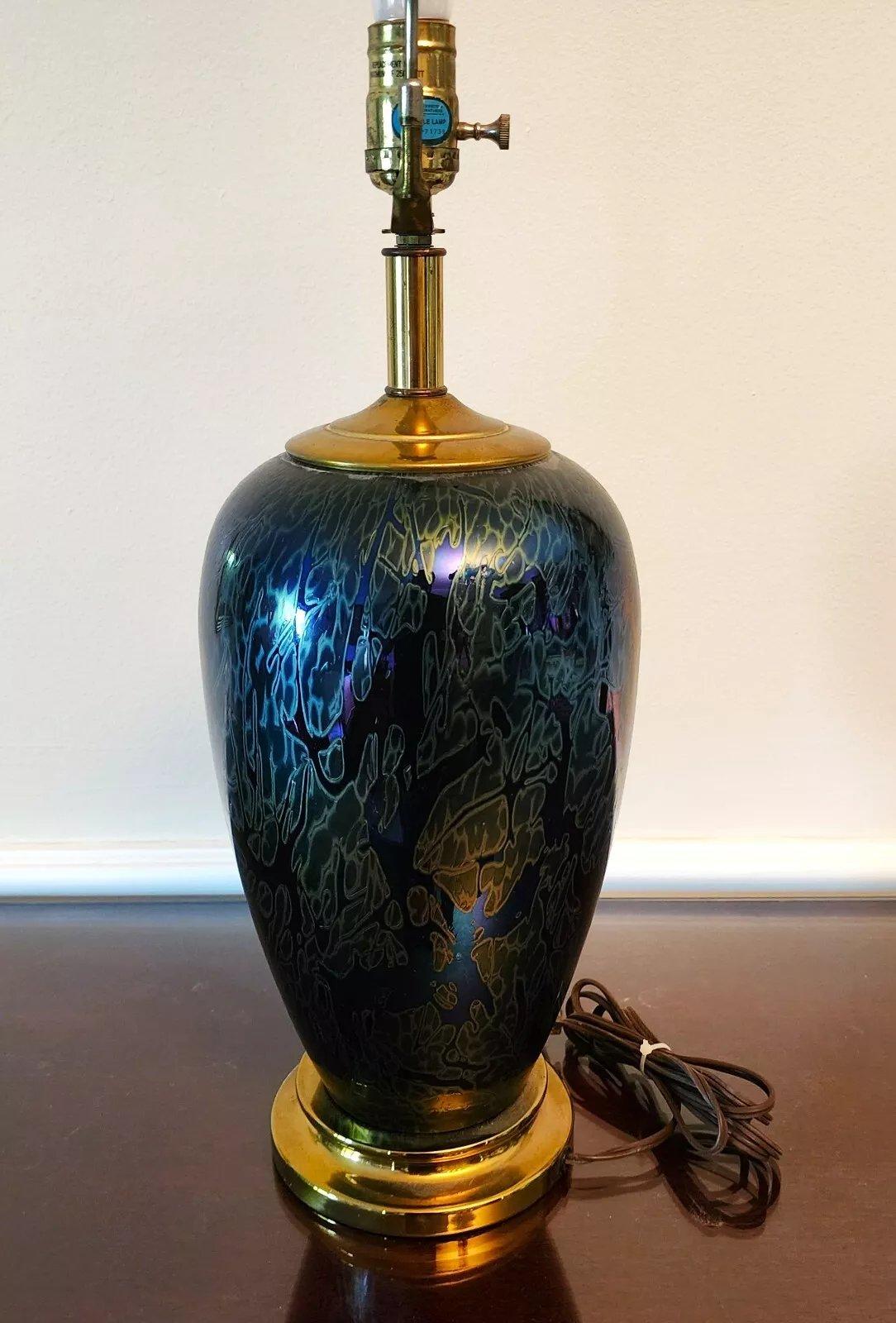 Vintage Royal Brierley Table Lamp Iridescent Signed In Good Condition In Lake Worth, FL