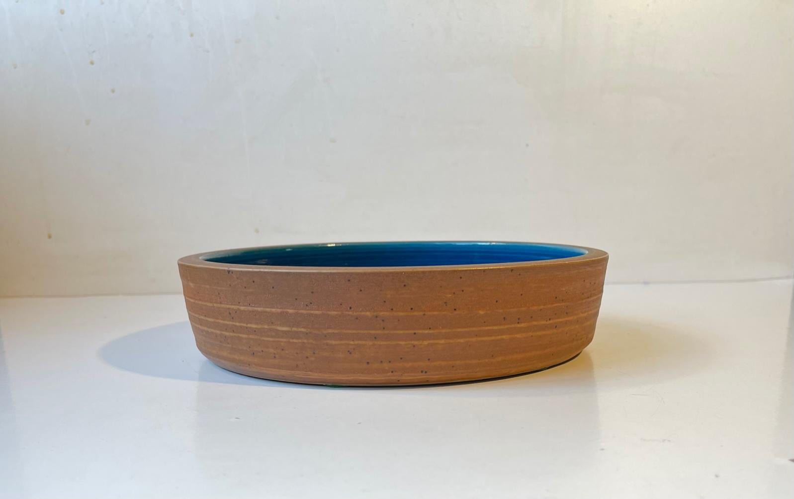 Glazed Vintage Royal Copenhagen Stoneware Bowl with Abstract Blue Decor, 1960s For Sale