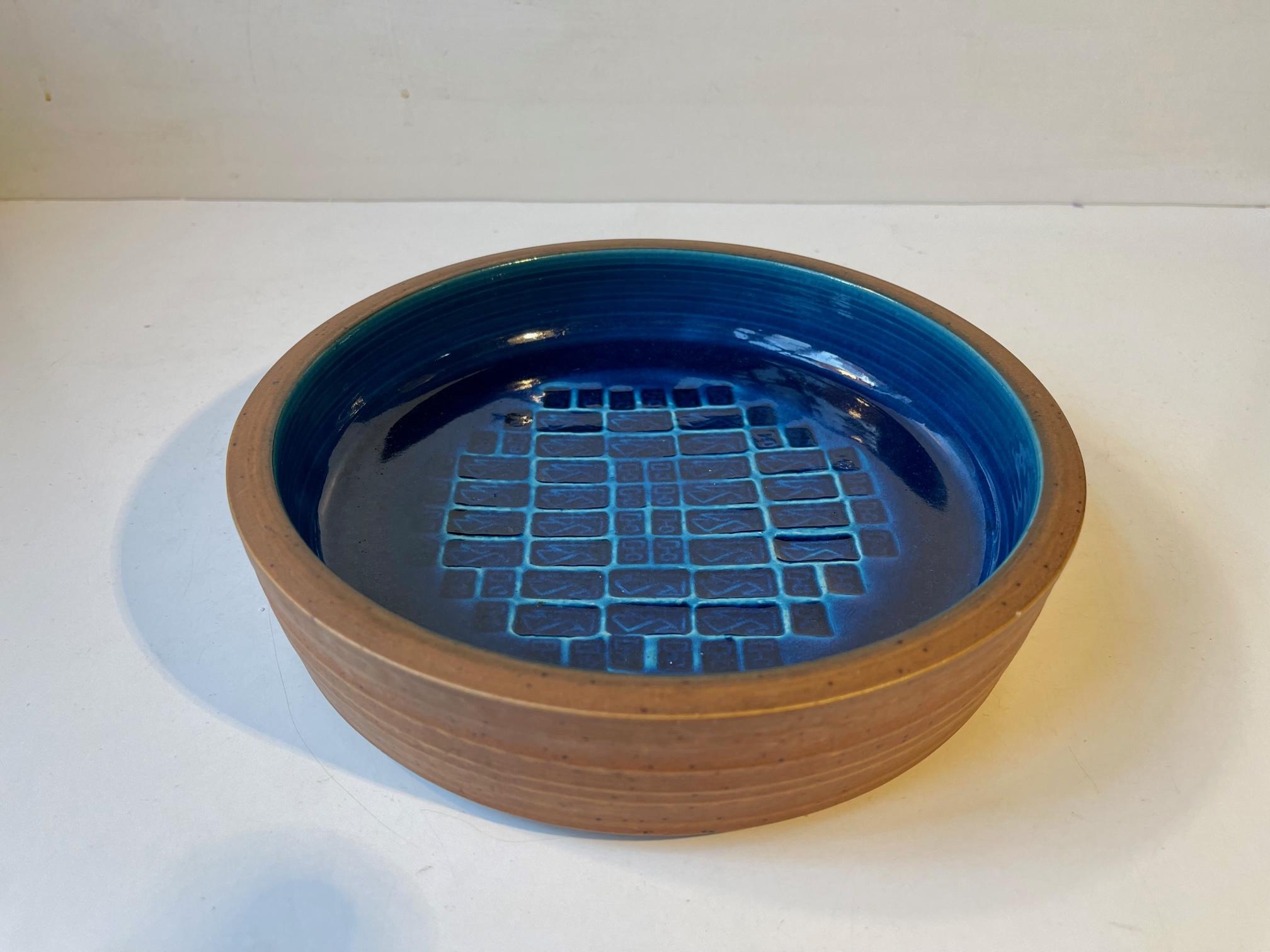 Mid-20th Century Vintage Royal Copenhagen Stoneware Bowl with Abstract Blue Decor, 1960s For Sale