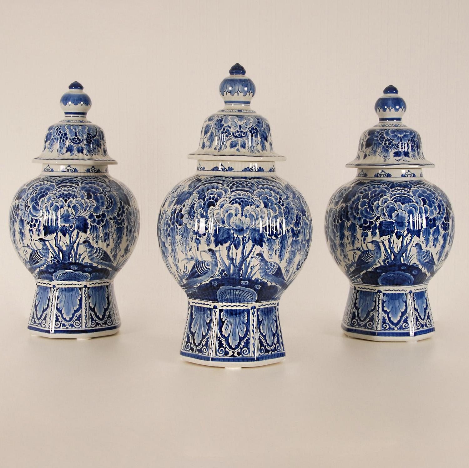 Royal Delft Baluster Vases Earthenware Blue White Ceramic Covered Jars -  a pair For Sale 2