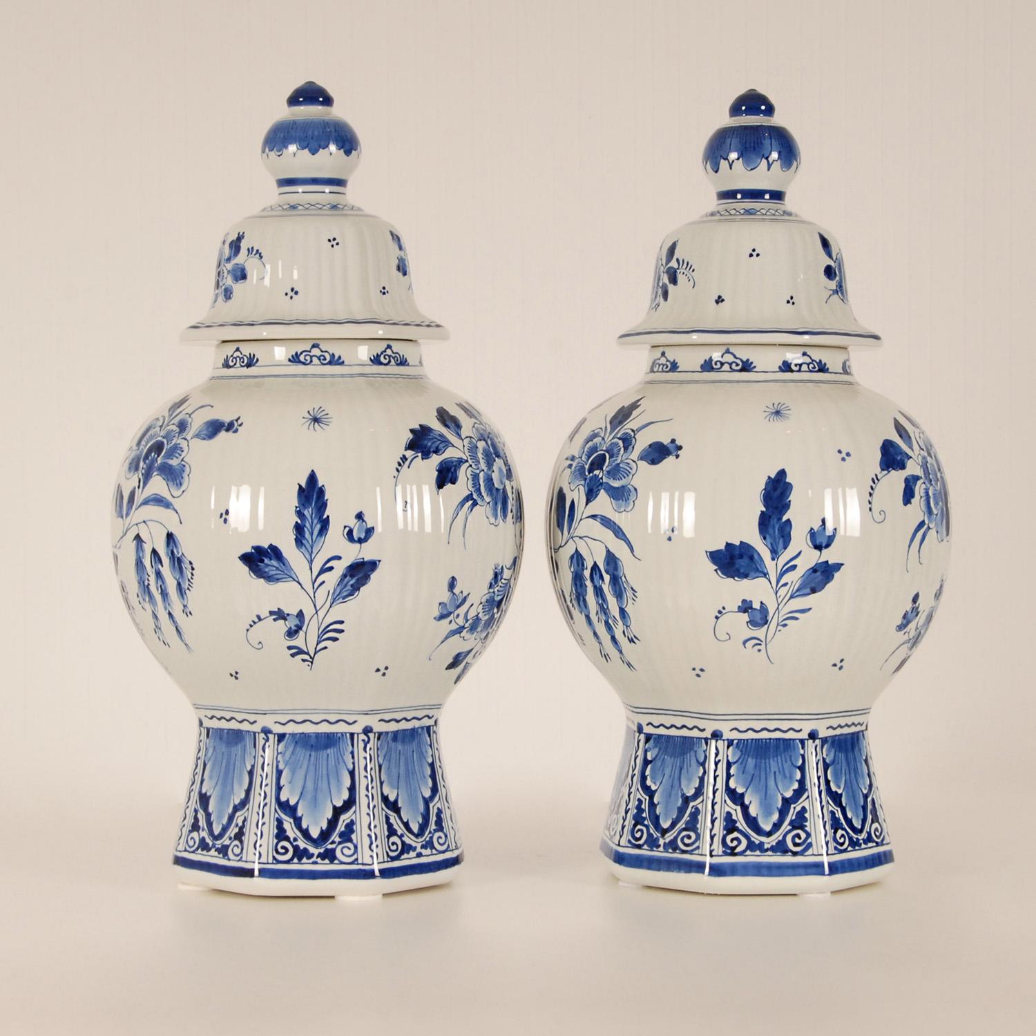 Baroque Revival Royal Delft Baluster Vases Earthenware Blue White Ceramic Covered Jars -  a pair For Sale