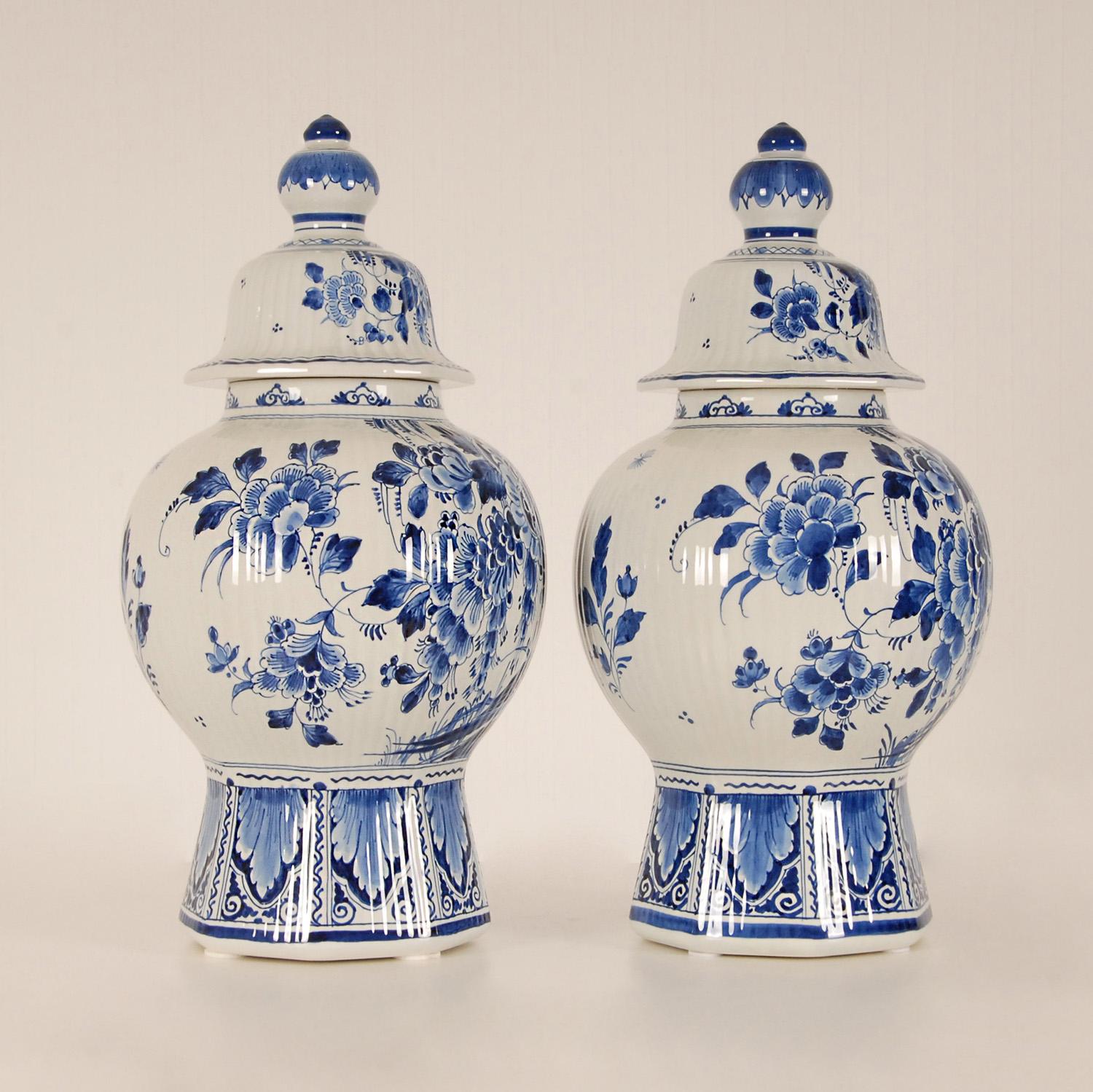 Dutch Royal Delft Baluster Vases Earthenware Blue White Ceramic Covered Jars -  a pair For Sale