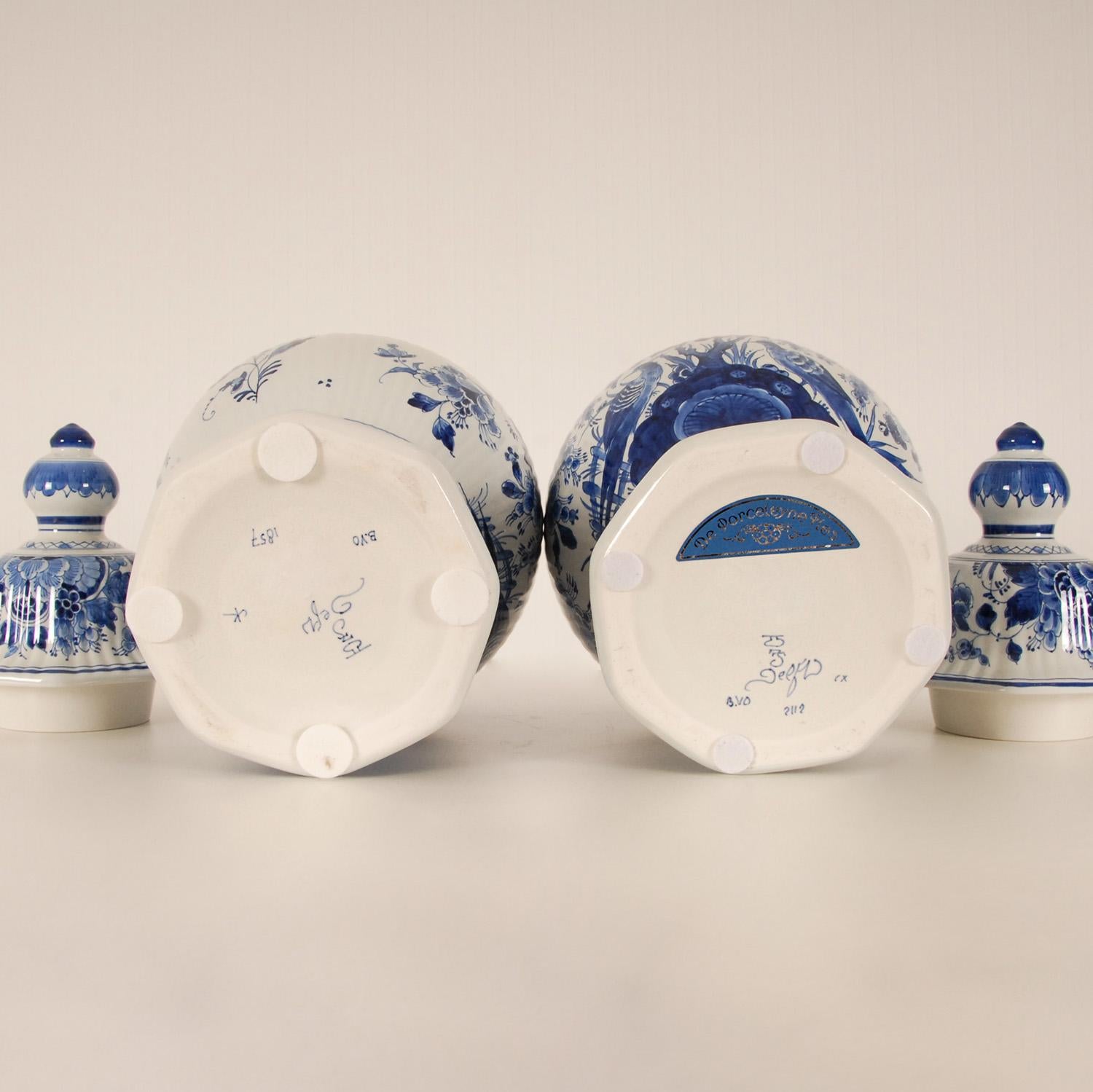 20th Century Royal Delft Baluster Vases Earthenware Blue White Ceramic Covered Jars -  a pair For Sale