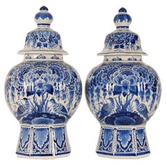 Royal Delft Baluster Vases Earthenware Blue White Ceramic Covered Jars -  a pair