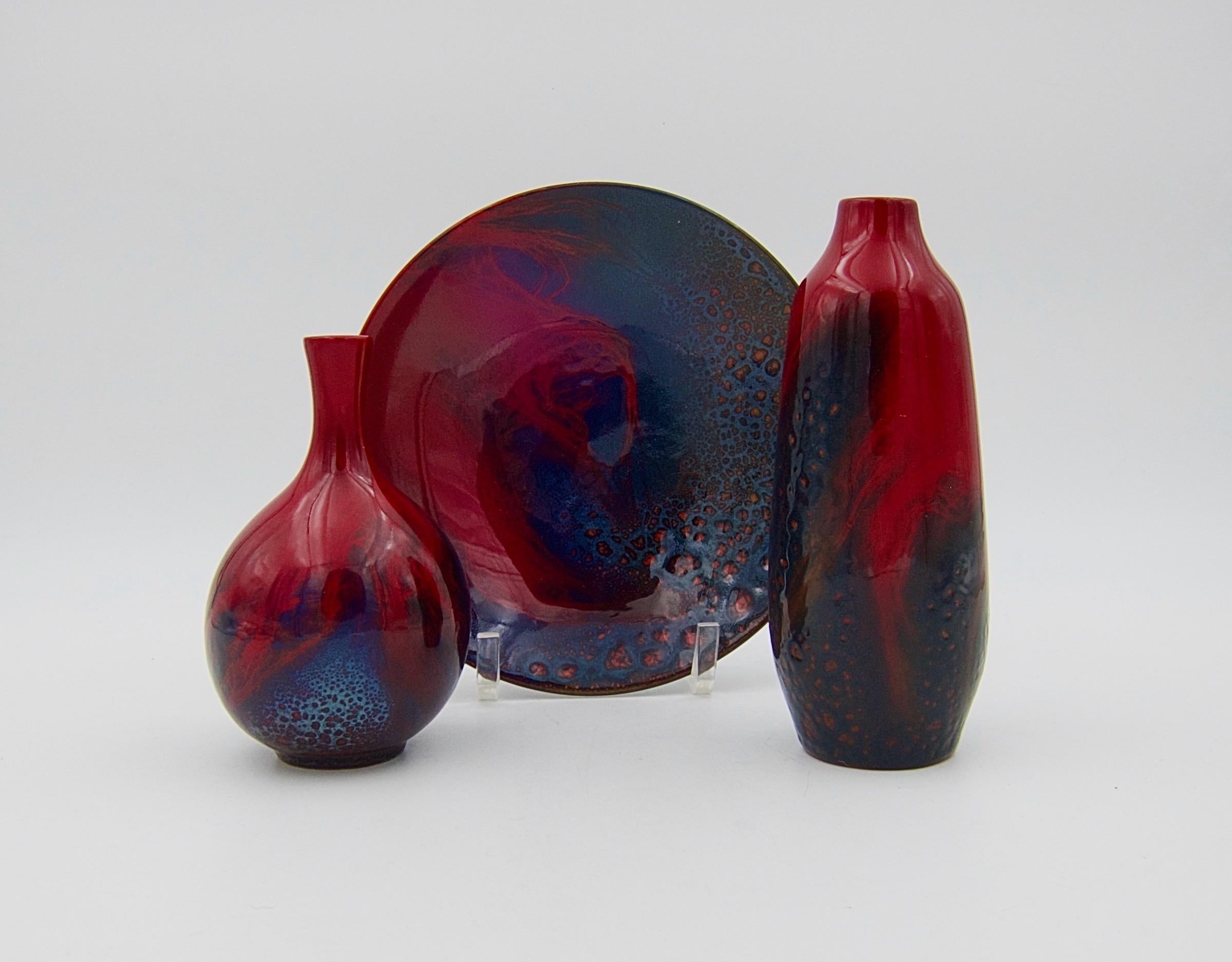 Glazed Vintage Royal Doulton Veined Flambe Art Pottery Trio