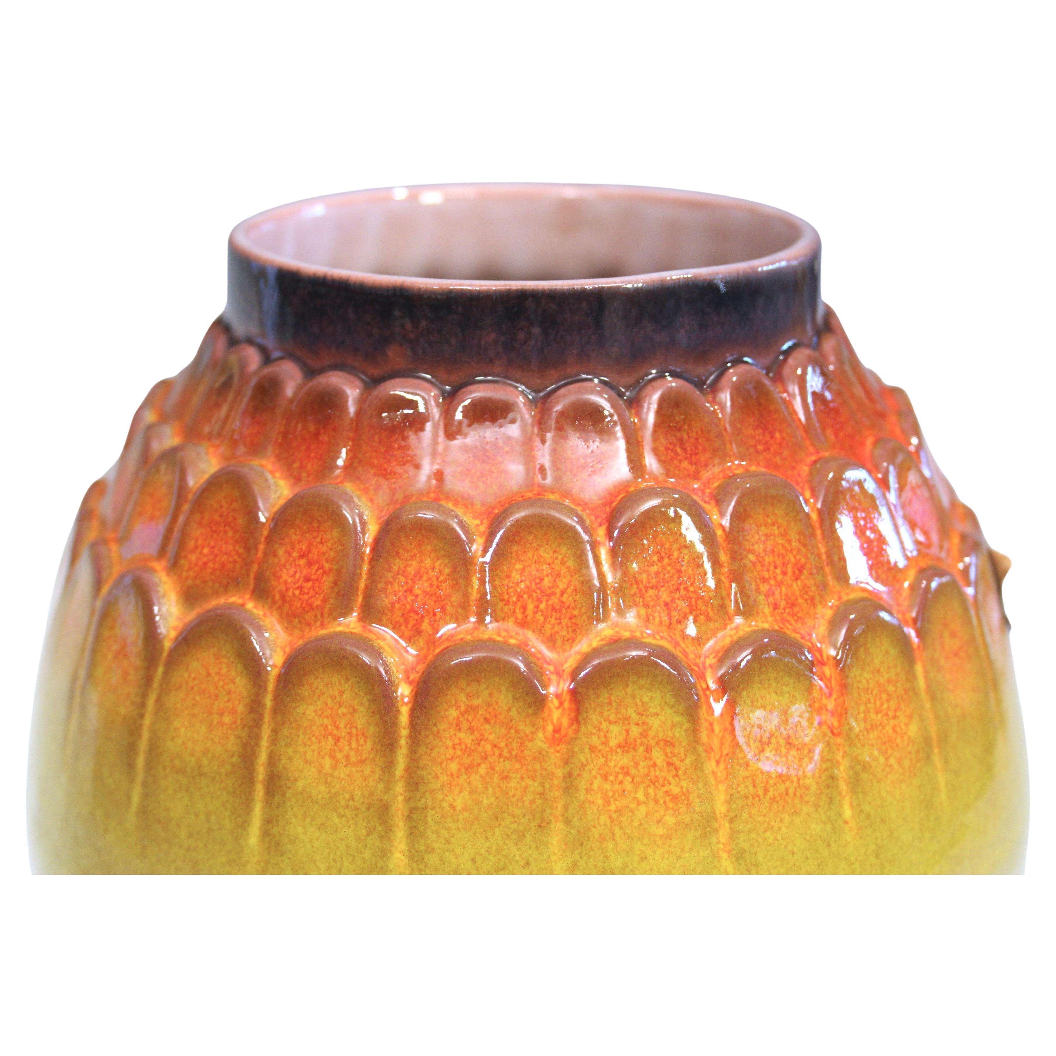 Vintage Royal Haeger Art Deco Lotus Blossom Chrome Red Orange Pottery Vase