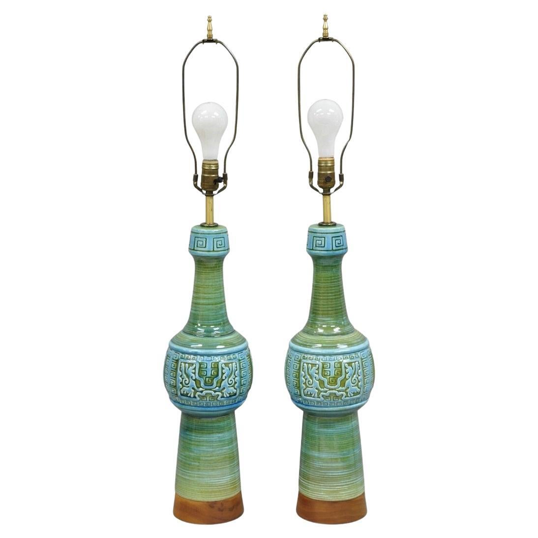 Vintage Royal Haeger Mid Century Modern Ceramic Turquoise Green Table Lamp Pair