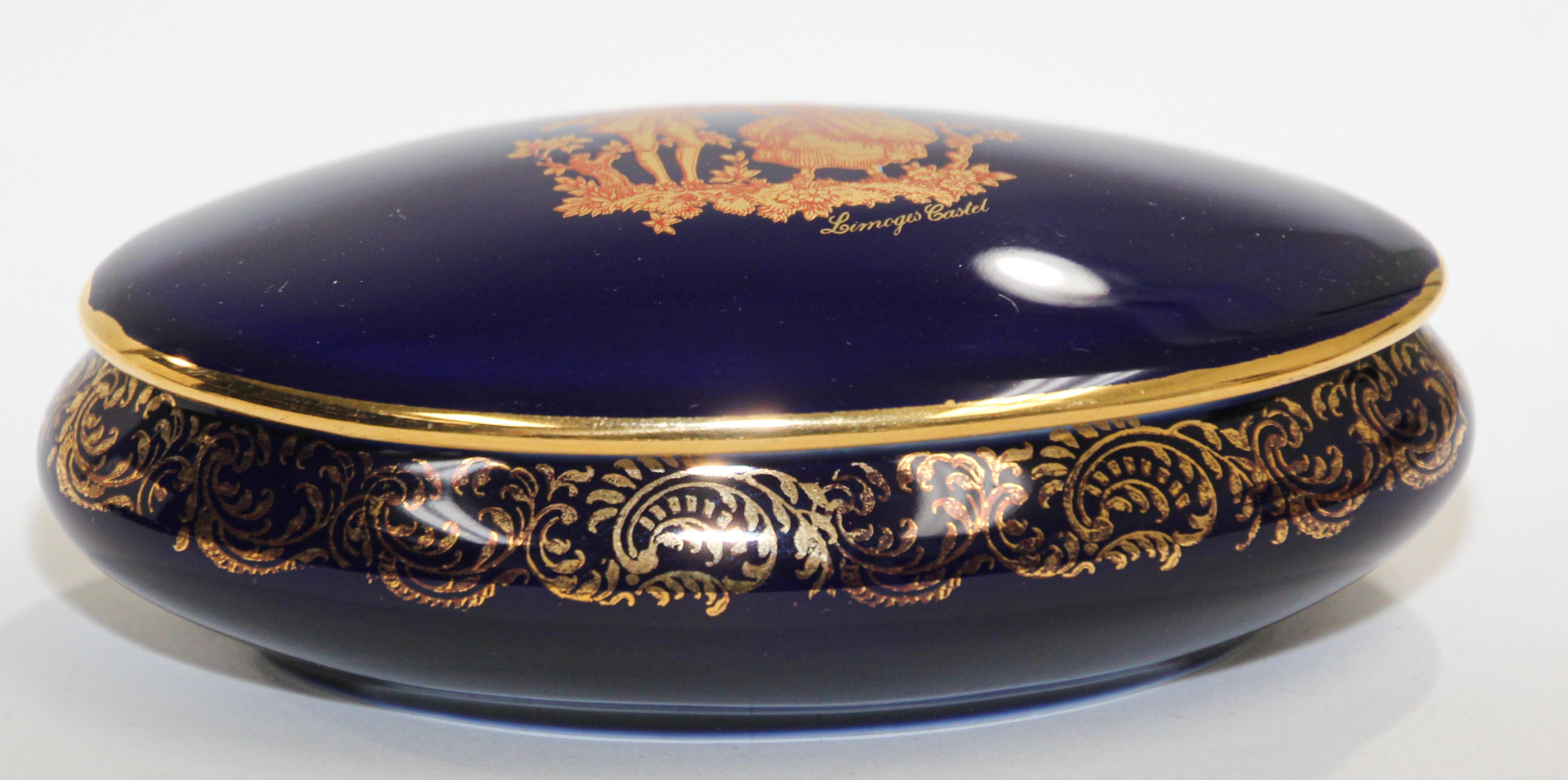 20th Century Vintage Royal Limoges France 22-Karat Gold Trinket Box in Cobalt Blue