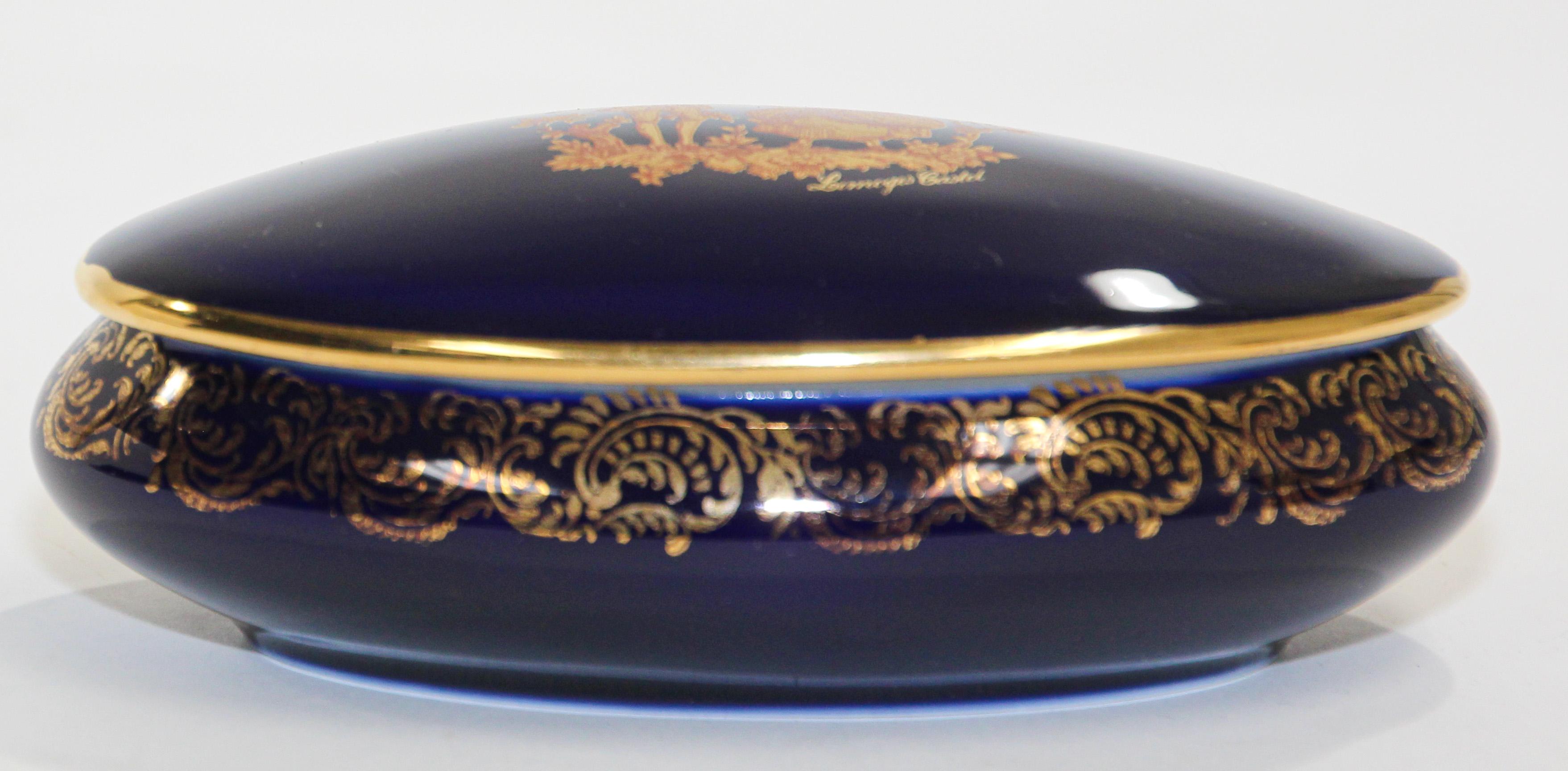 Porcelain Vintage Royal Limoges France 22-Karat Gold Trinket Box in Cobalt Blue