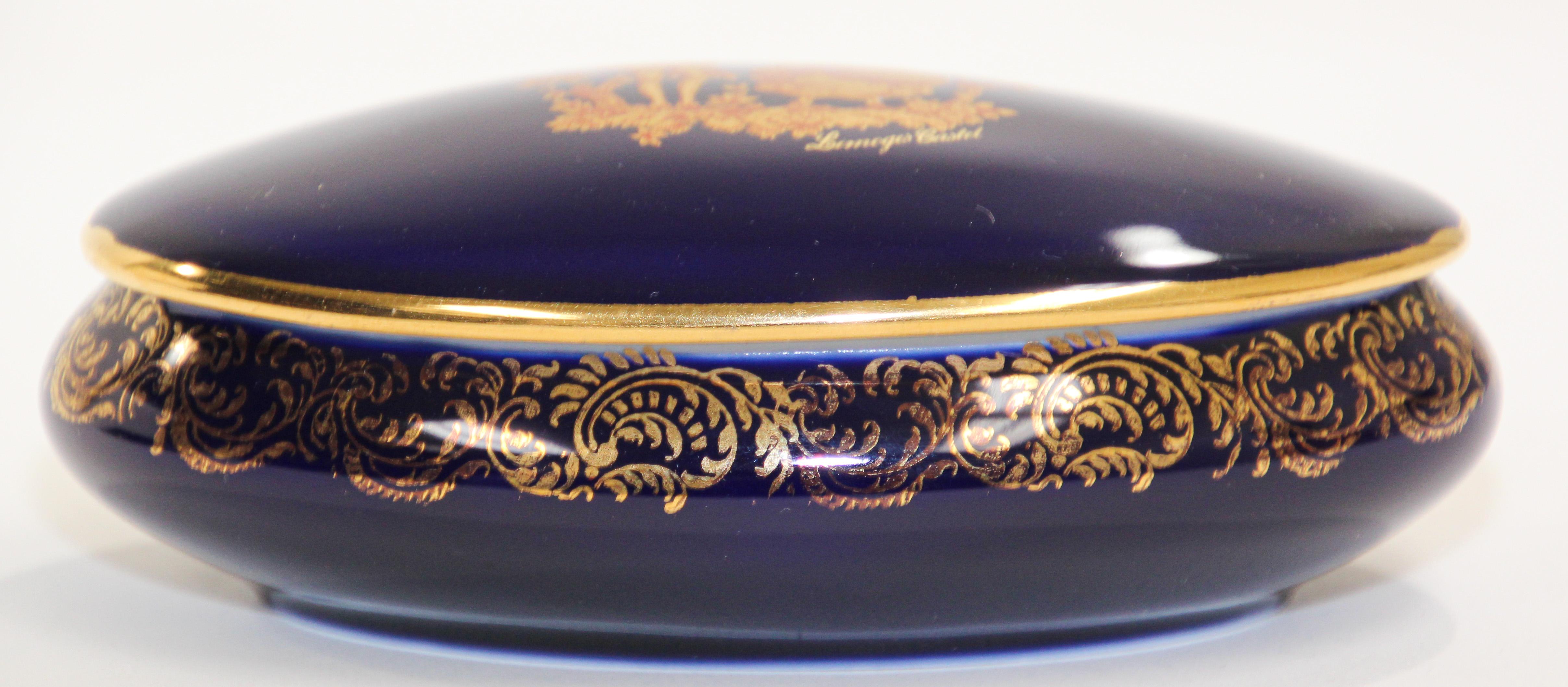 Vintage Royal Limoges France 22-Karat Gold Trinket Box in Cobalt Blue 1