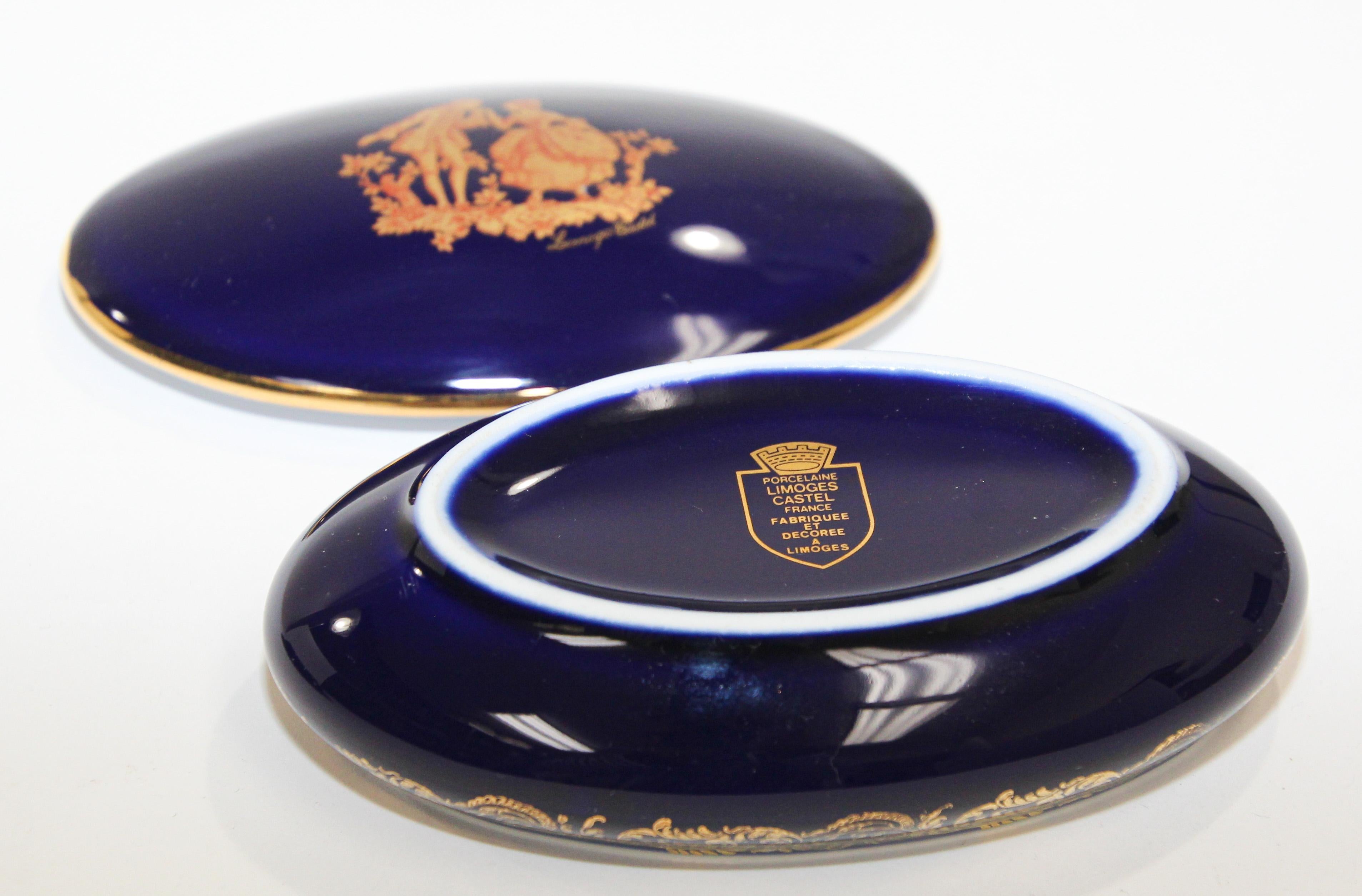 Vintage Royal Limoges France 22-Karat Gold Trinket Box in Cobalt Blue 3