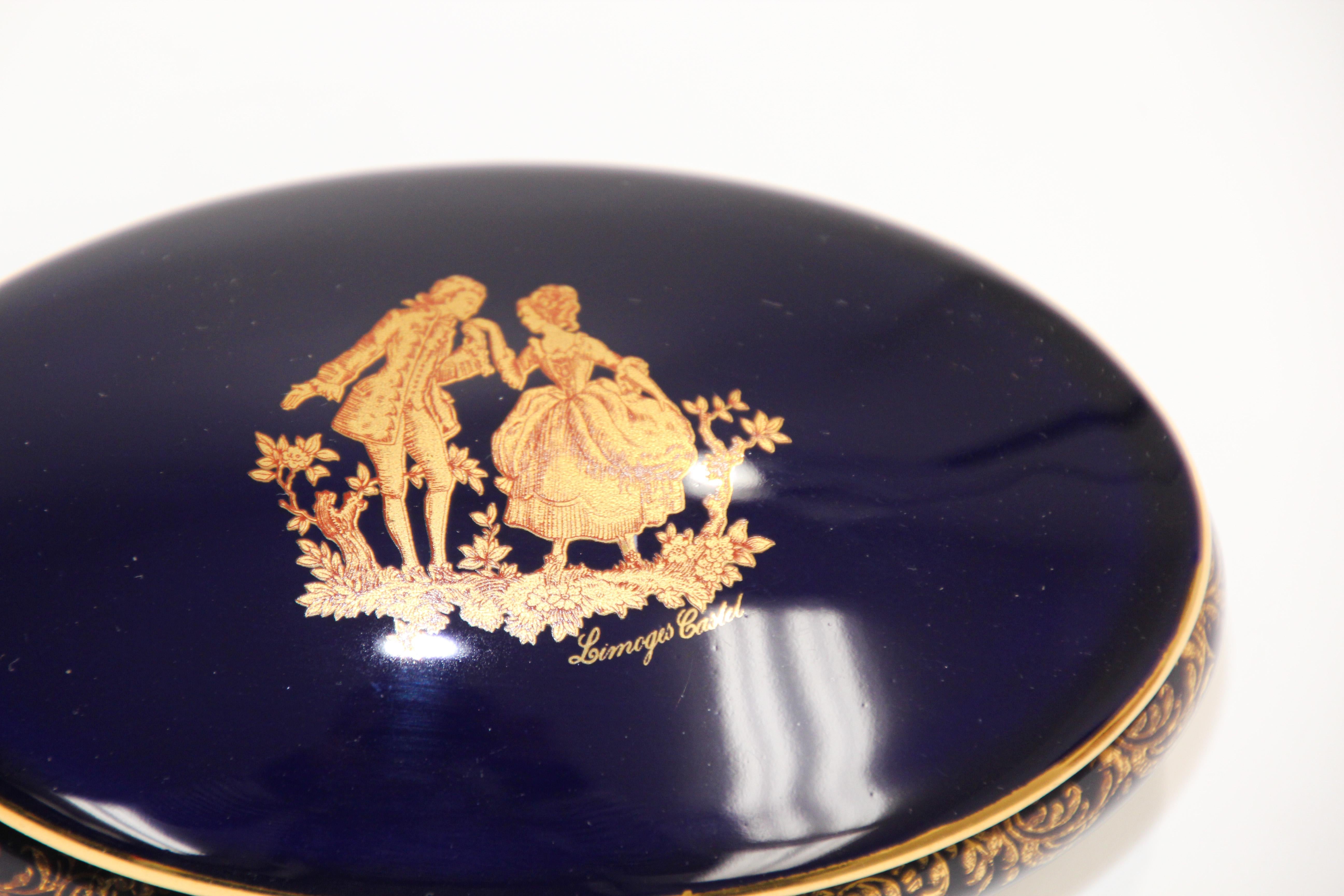 Louis XVI Vintage Royal Limoges France 22-Karat Gold Trinket Box in Cobalt Blue