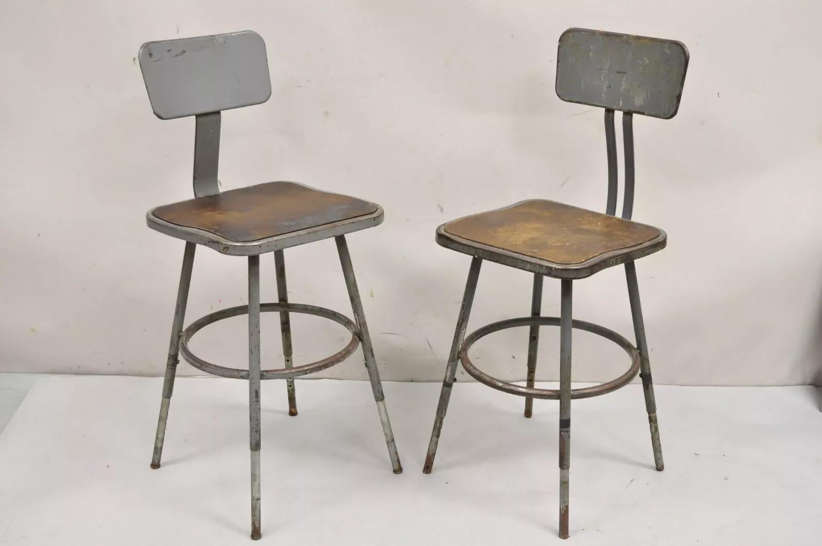 Vintage Royal Metal Steel Industrial Factory Worker Adjustable Stool Chair 2 Pcs For Sale 6