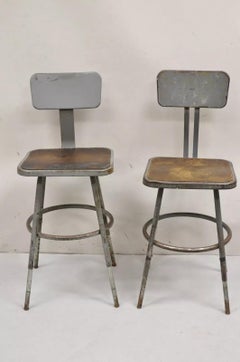 Vintage Royal Metal Steel Industrial Factory Worker Adjustable Stool Chair 2 Pcs