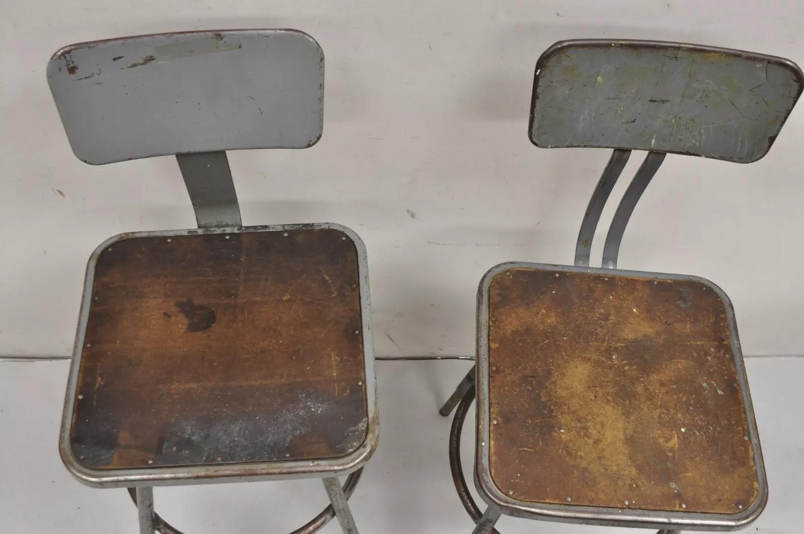 Unknown Vintage Royal Metal Steel Industrial Factory Worker Adjustable Stool Chair 2 Pcs For Sale