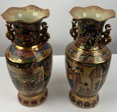 Vintage Royal Satsuma Japanese Hand-Painted Urn Style Vase, a Pair