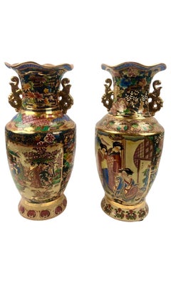 Vintage Royal Satsuma Japanese Hand-Painted Urn Style Vase, a Pair