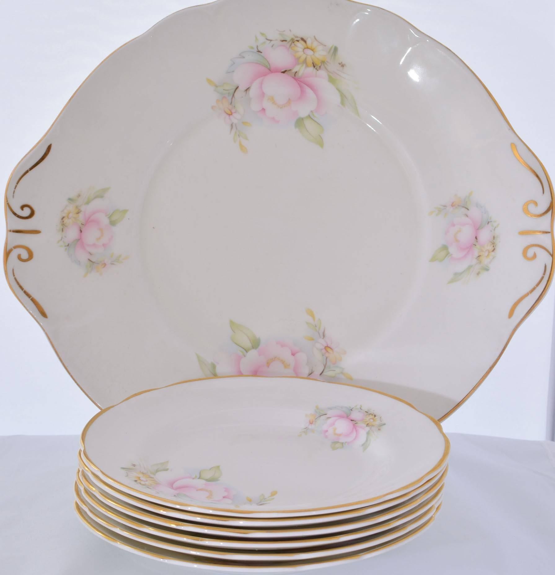 20th Century Vintage Royal Stuart Pink Peonies with Brushed Gold Trim Bone China Tea Service