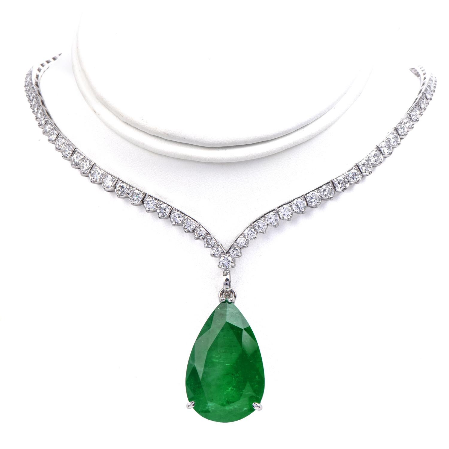 A design inspired by Catherine the great's famous Diamond & Emerald Necklace, this piece will make you feel like a Queen.

The top of the piece is a Diamond V-shaped Necklace simple and elegant, handcrafted in luxurious Platinum.  

Tailored with