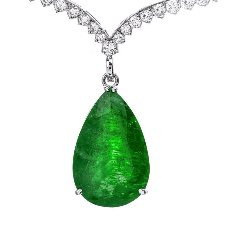 Retro Vintage Royalty Vivid 49.49cts GIA Emerald Diamond Platinum Pendant  Necklace