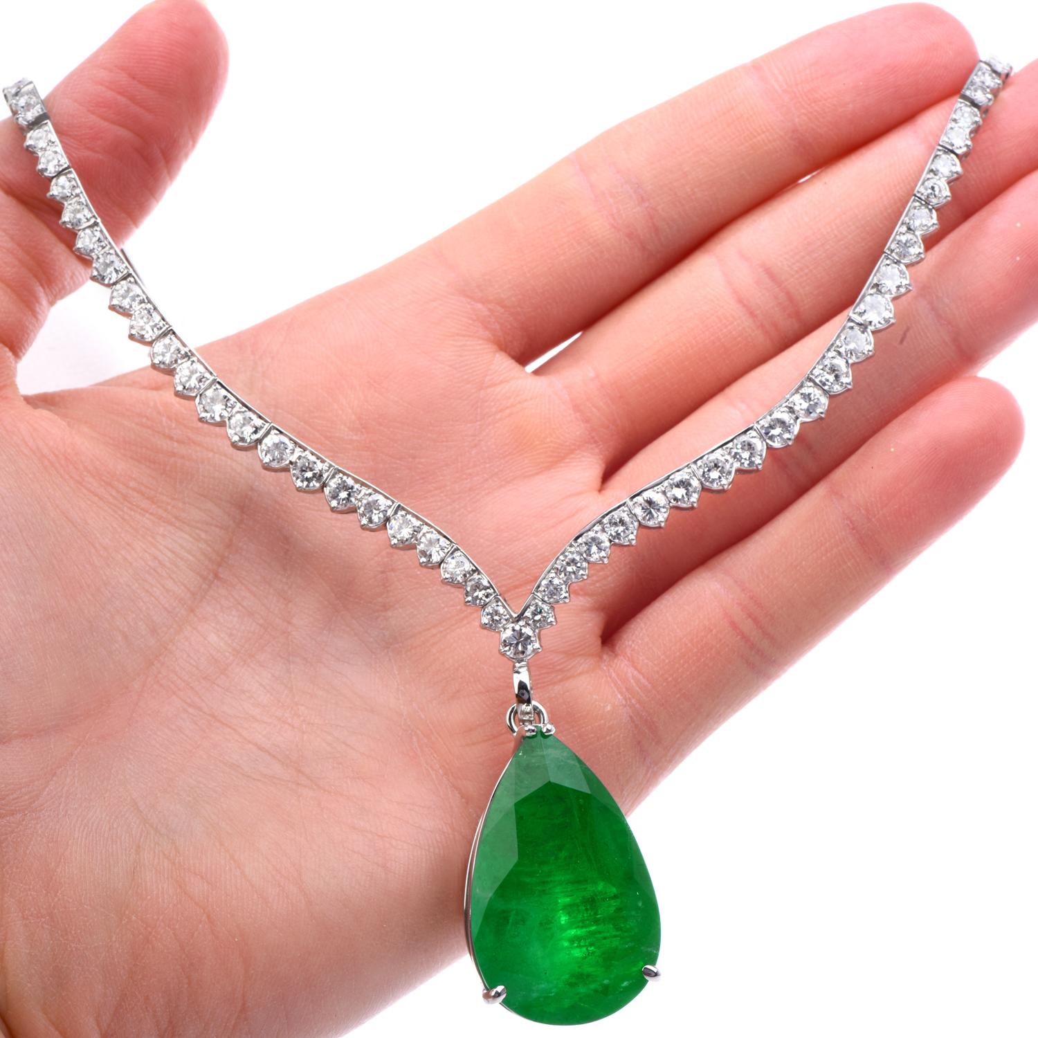 Pear Cut Vintage Royalty Vivid 49.49cts GIA Emerald Diamond Platinum Pendant  Necklace