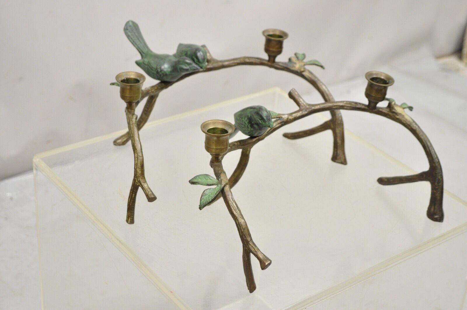 Vintage Rubbed Brass Bronze Bird Tree Branch Figural Candlesticks - a Pair For Sale 4