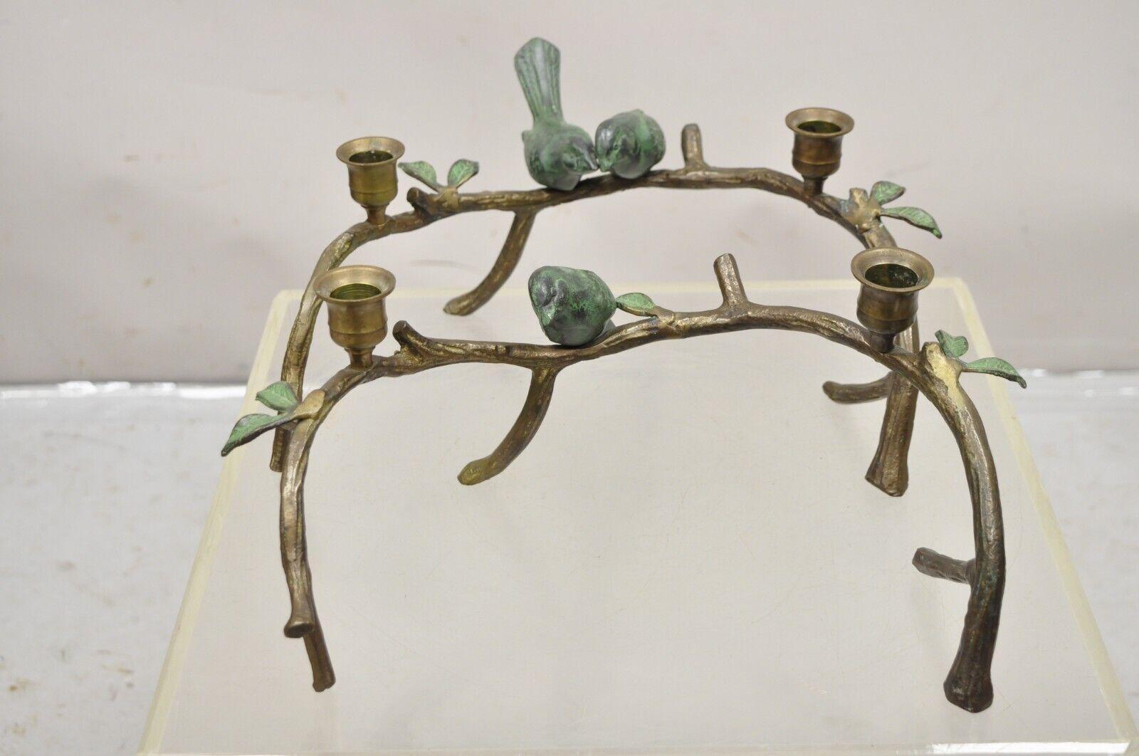 Vintage Rubbed Brass Bronze Bird Tree Branch Figural Candlesticks - a Pair. Item features One candlestick with one bird and the second with two birds, nice cast metal construction with green painted accents. Circa  Late 20th Century, Measurements: