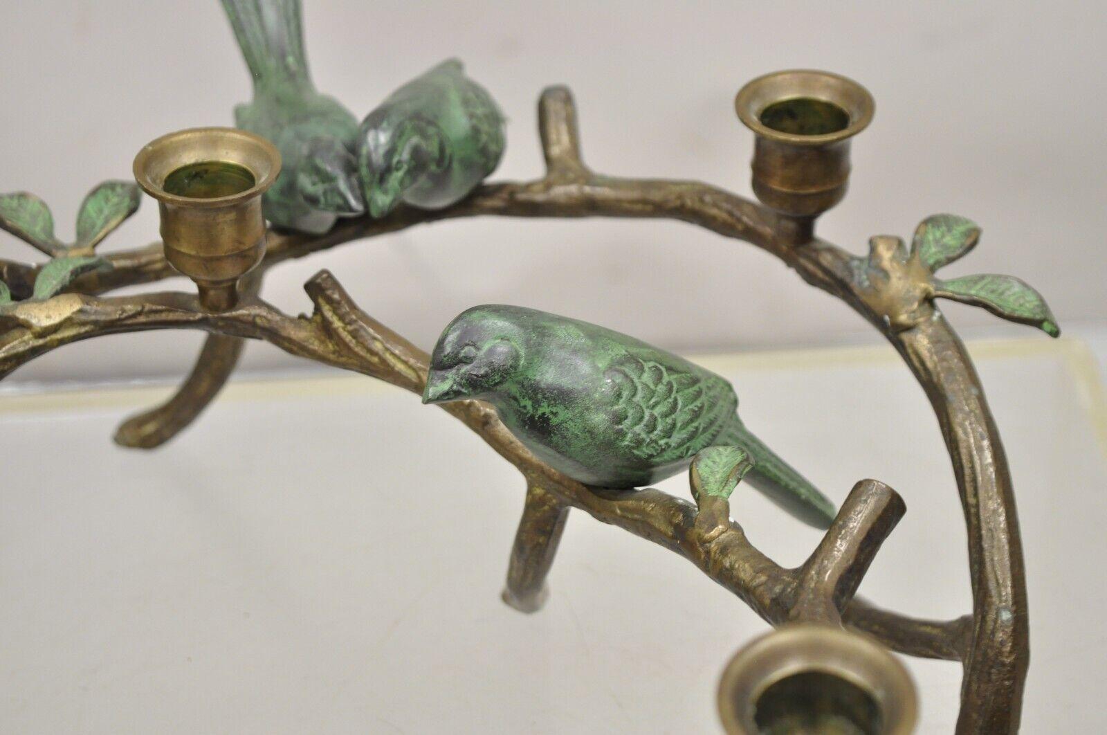 Vintage Rubbed Brass Bronze Bird Tree Branch Figural Candlesticks - a Pair In Good Condition For Sale In Philadelphia, PA