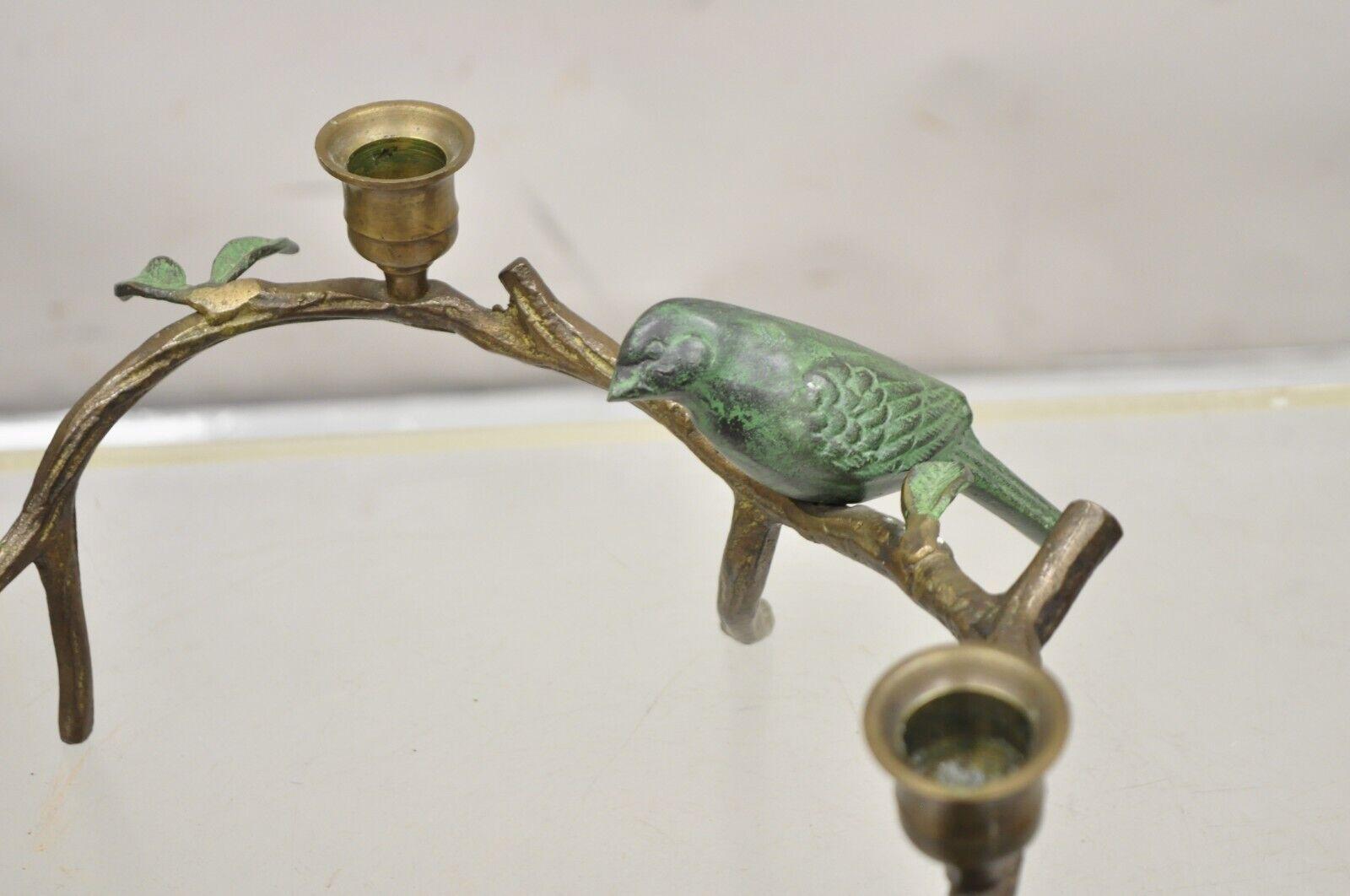 Vintage Rubbed Brass Bronze Bird Tree Branch Figural Candlesticks - a Pair For Sale 2