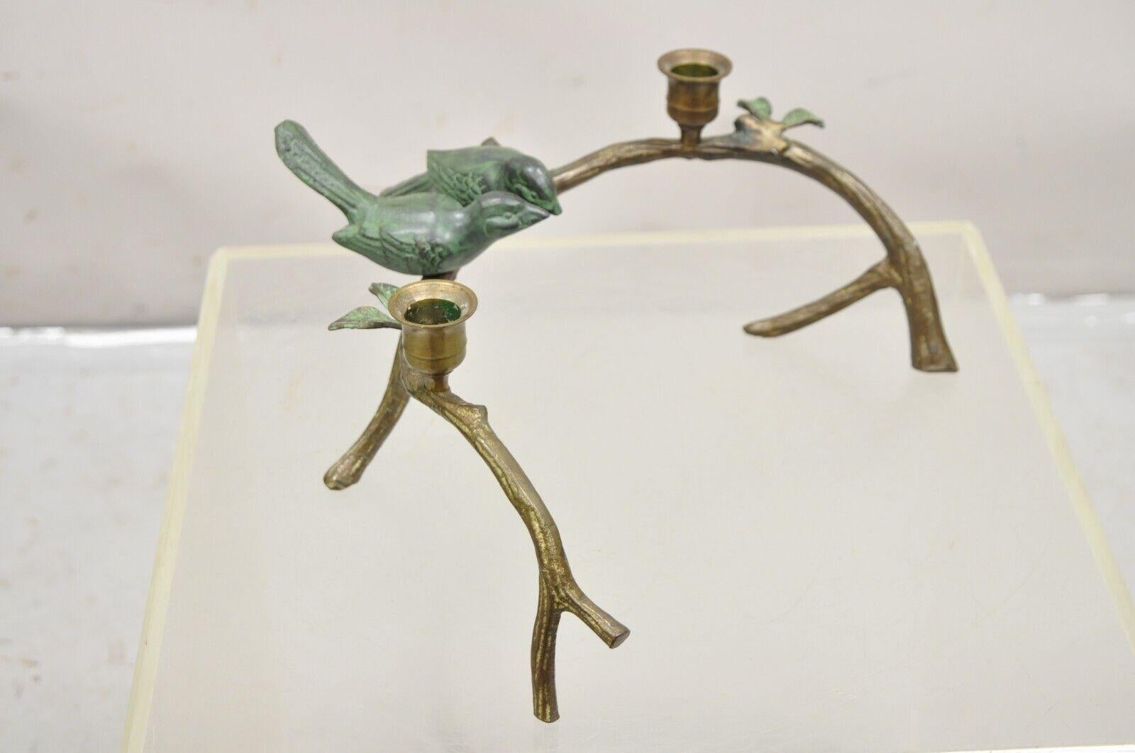 Vintage Rubbed Brass Bronze Bird Tree Branch Figural Candlesticks - a Pair For Sale 3