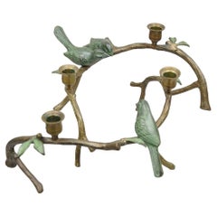 Retro Rubbed Brass Bronze Bird Tree Branch Figural Candlesticks - a Pair