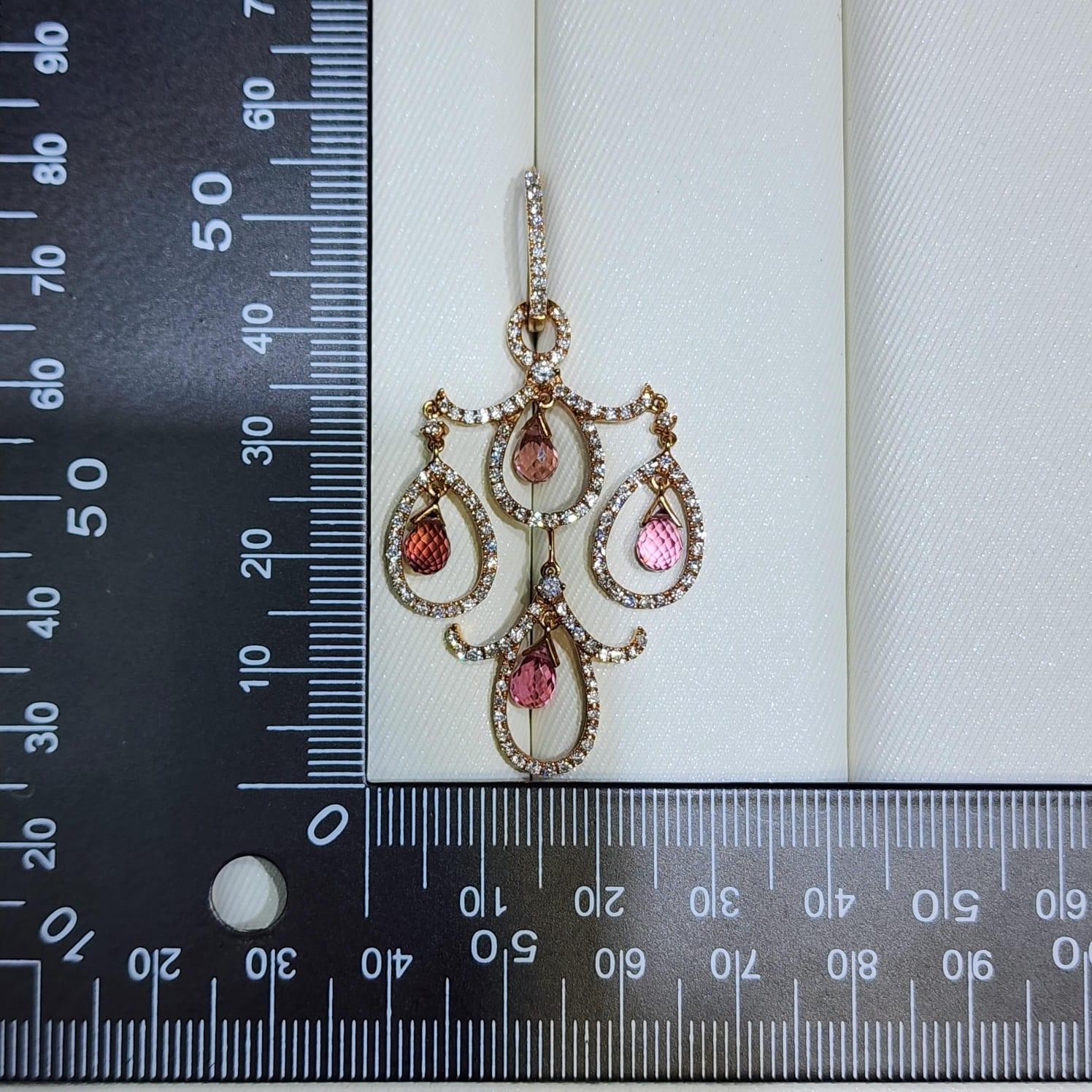 Vintage 7.35 carat Briolette and Diamond Chandelier Earring in 18K Rose Gold im Angebot 1