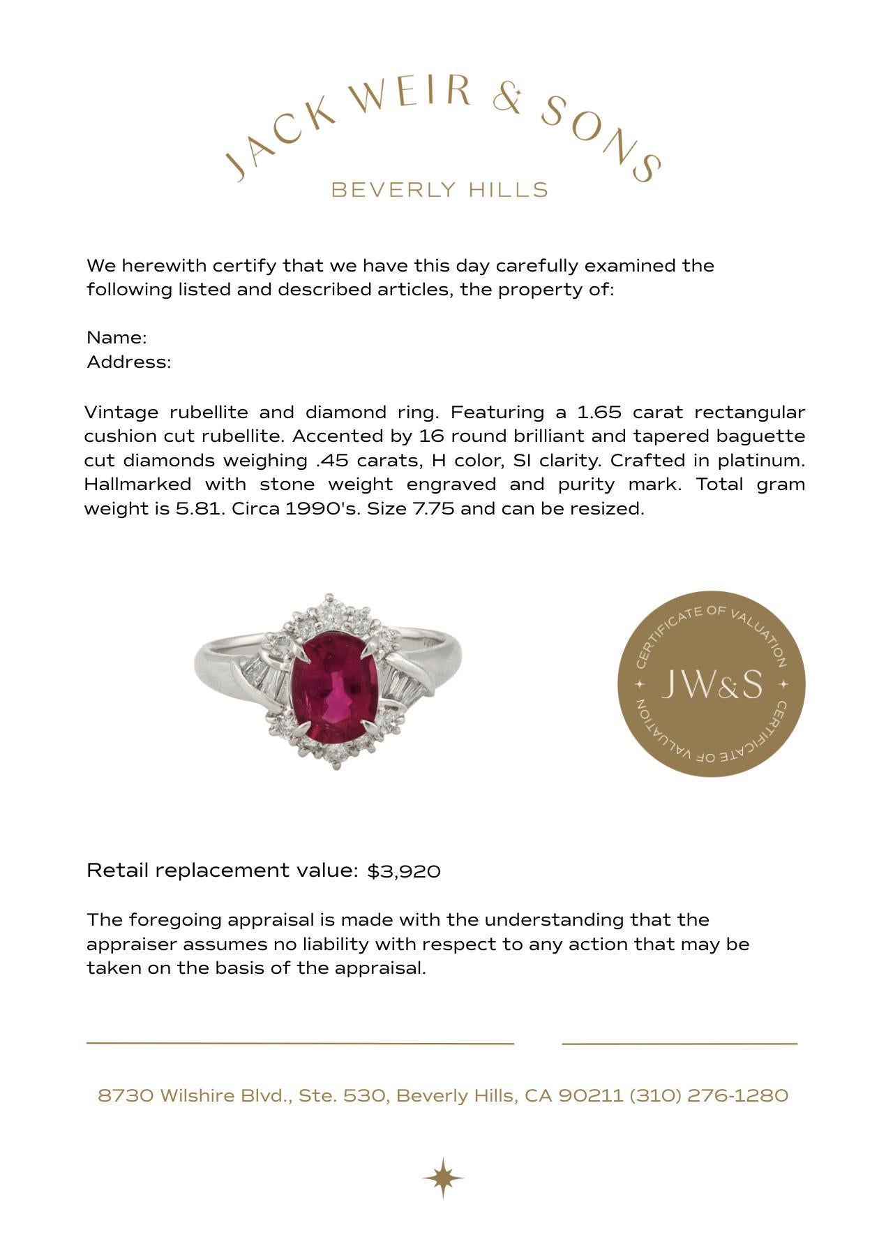 Anello vintage con diamante rubellite in platino In condizioni buone in vendita a Beverly Hills, CA